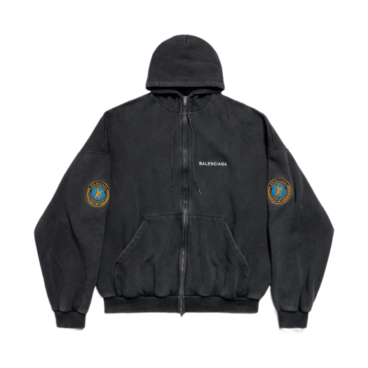 Balenciaga Uniform Patch Zip-Up Hoodie Large Fit Black Faded