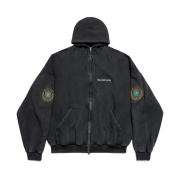 Balenciaga Uniform Patch Zip-Up Hoodie Large Fit Black Faded
