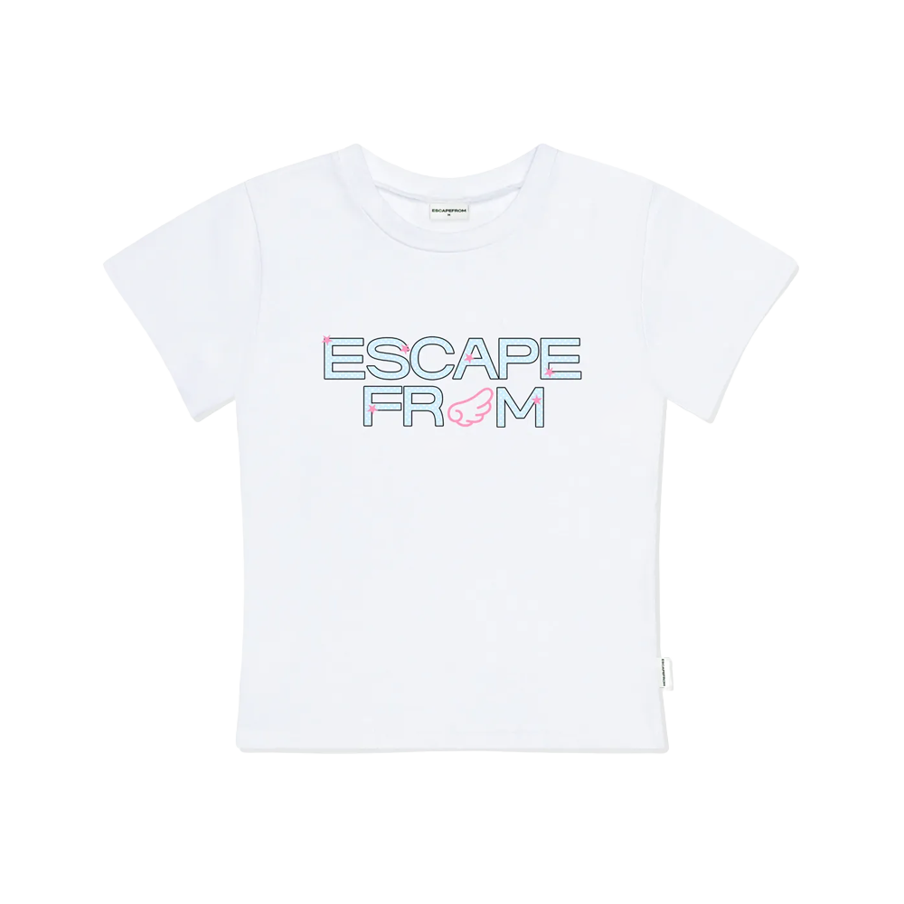 E251STS048WH Escapefrom From Angel Print Slim Fit Short Sleeve T-Shirt White