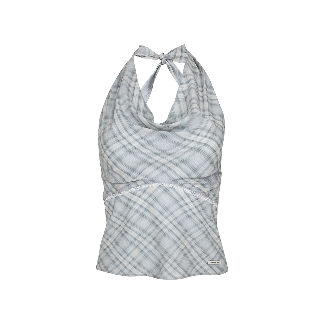MF2536BL002MLBFR Margarin Fingers Lace Check Halter Blouse Light Blue