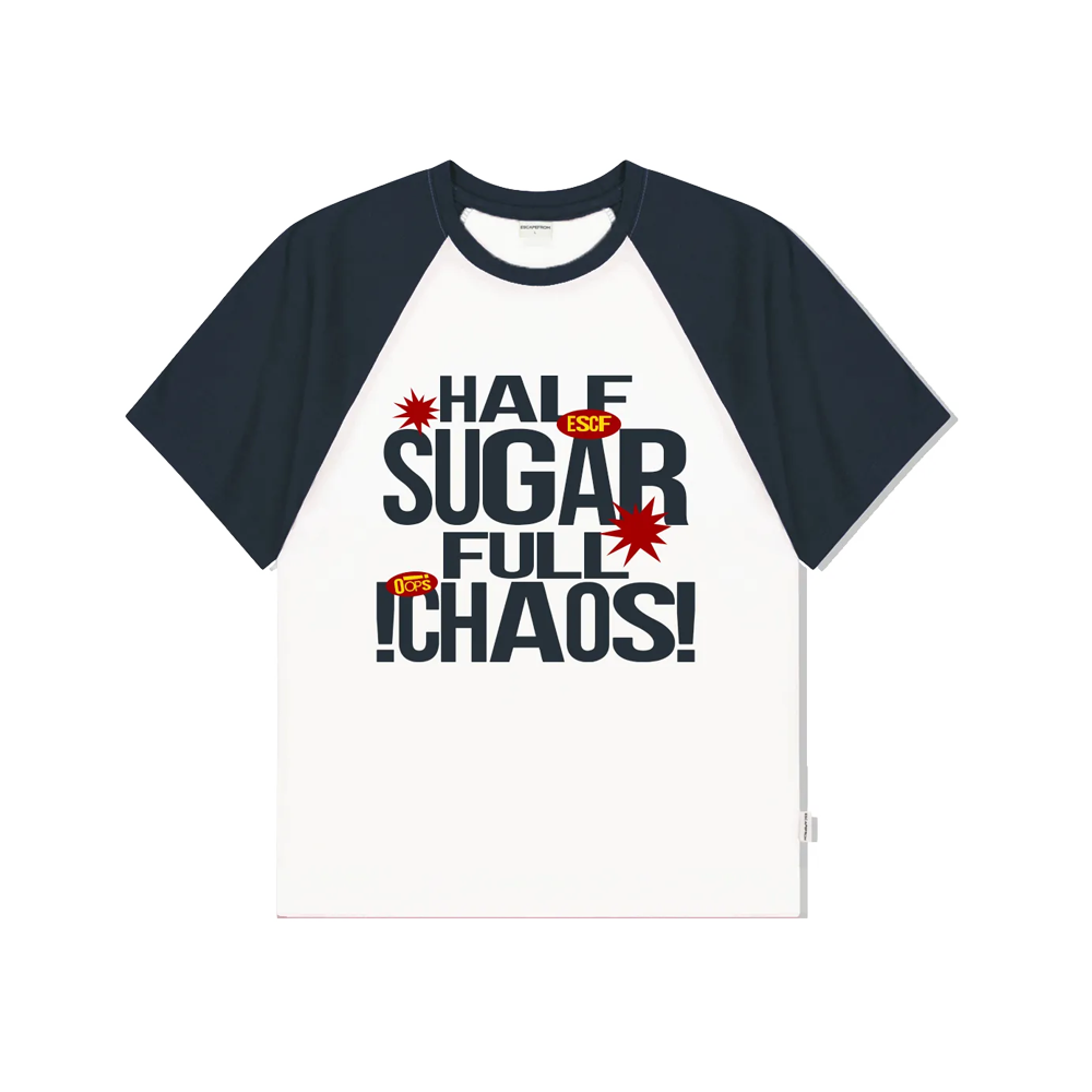 E251RTS025NV Escapefrom Half Sugar Full Chaos Print Raglan Color Block Short Sleeve T-Shirt Navy