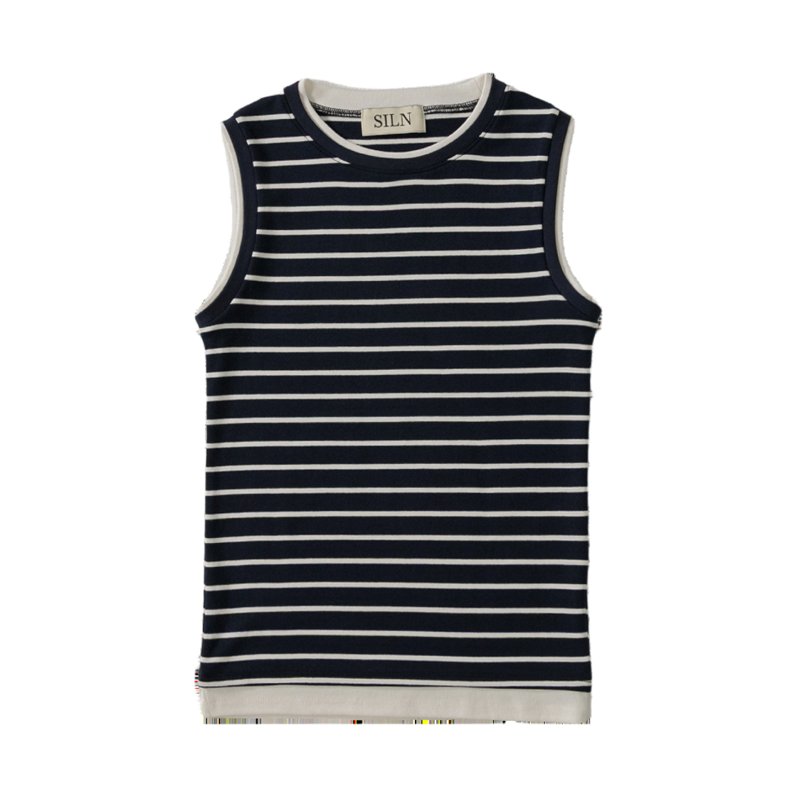 실른 더블 업 스트라이프 레이어드 슬리브리스 네이비(SLIN Double Up Striped Layered Sleeveless Navy)