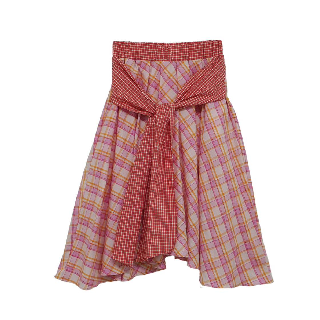 쿠키시 체크 타이 배색 스커트 핑크(Kookeesee Check Tie Skirt Pink)