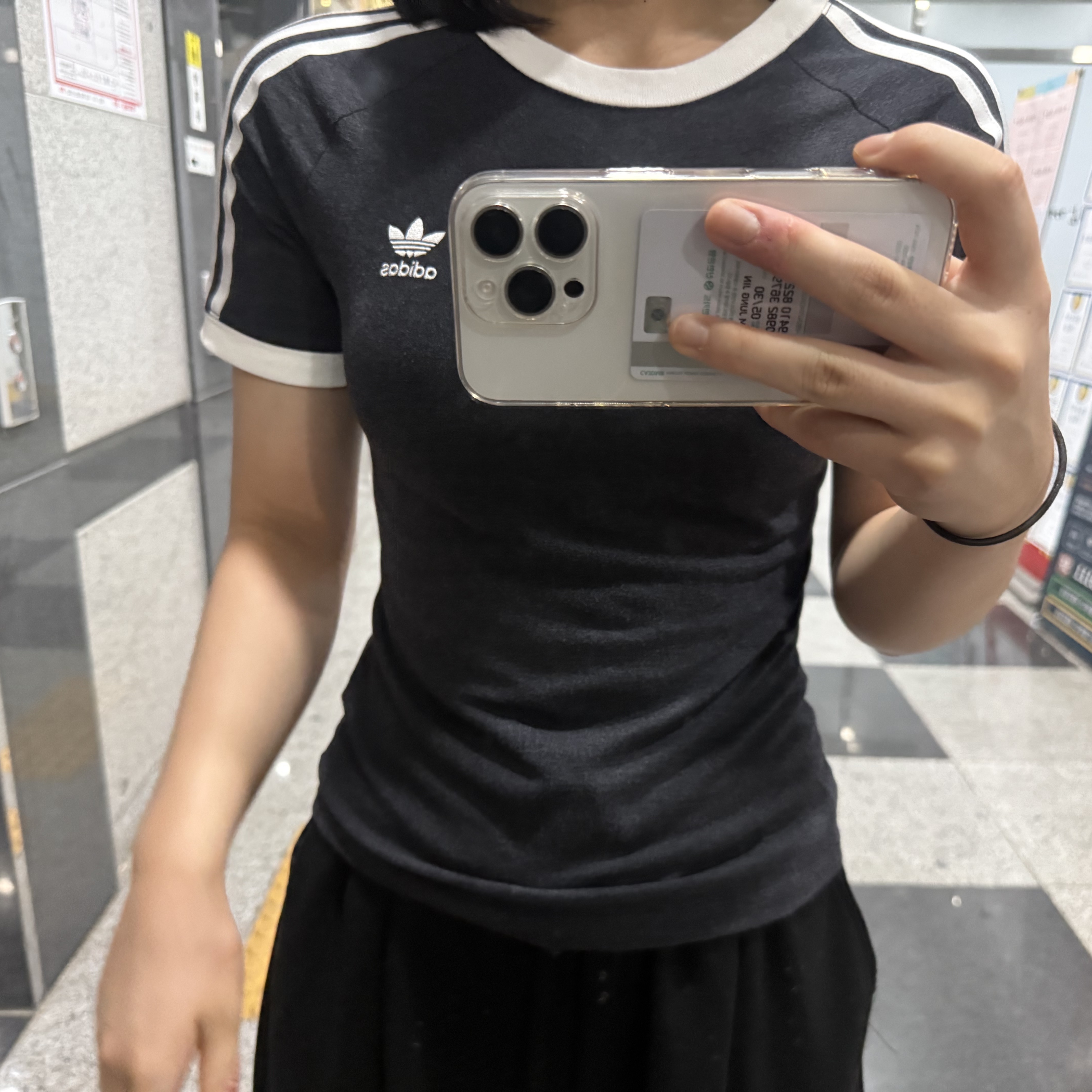 (W) Adidas 3S Slim Reglan T-Shirt Black Melange - KR Sizing 착용 스타일