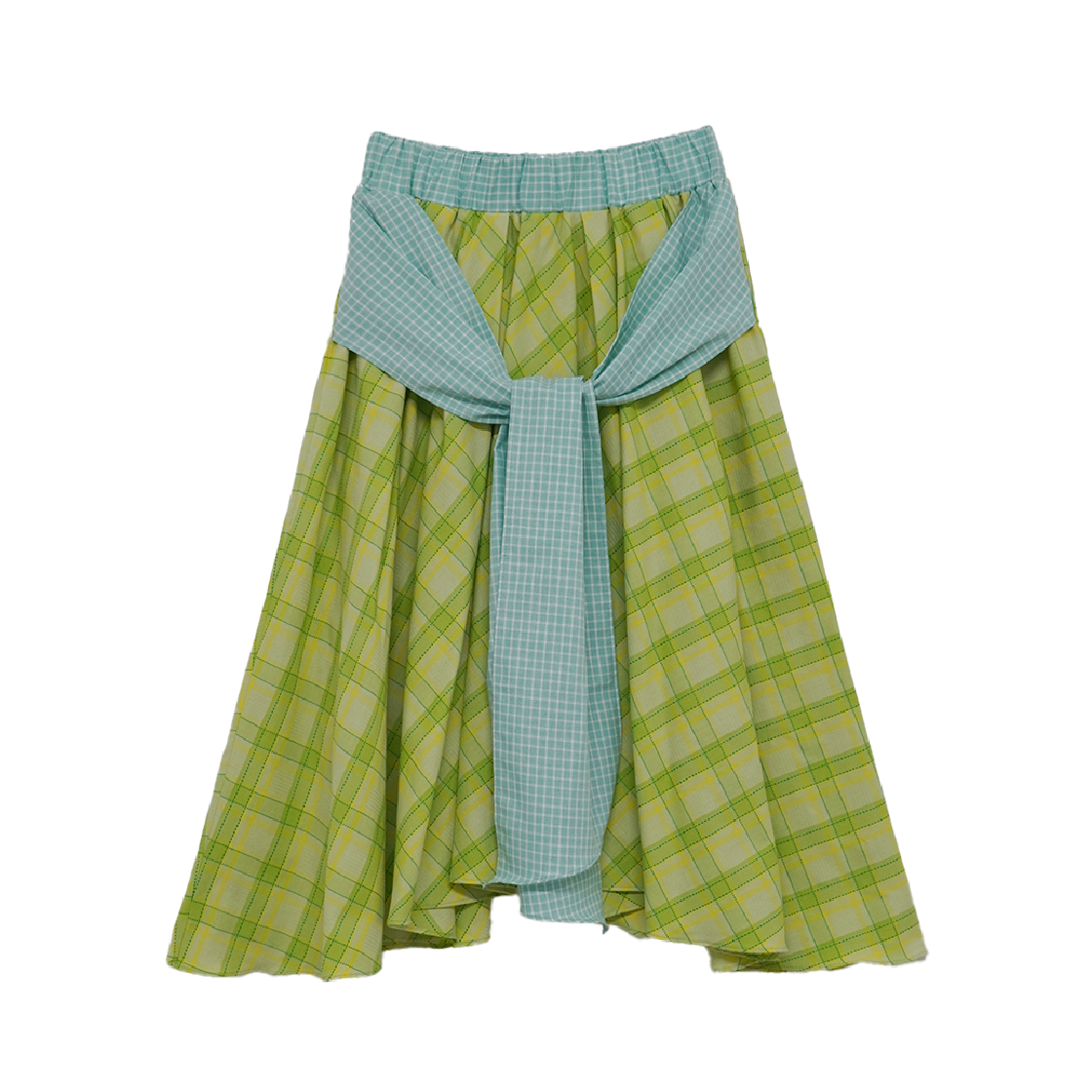 쿠키시 체크 타이 배색 스커트 옐로위시 그린(Kookeesee Check Tie Skirt Yellowish Green)