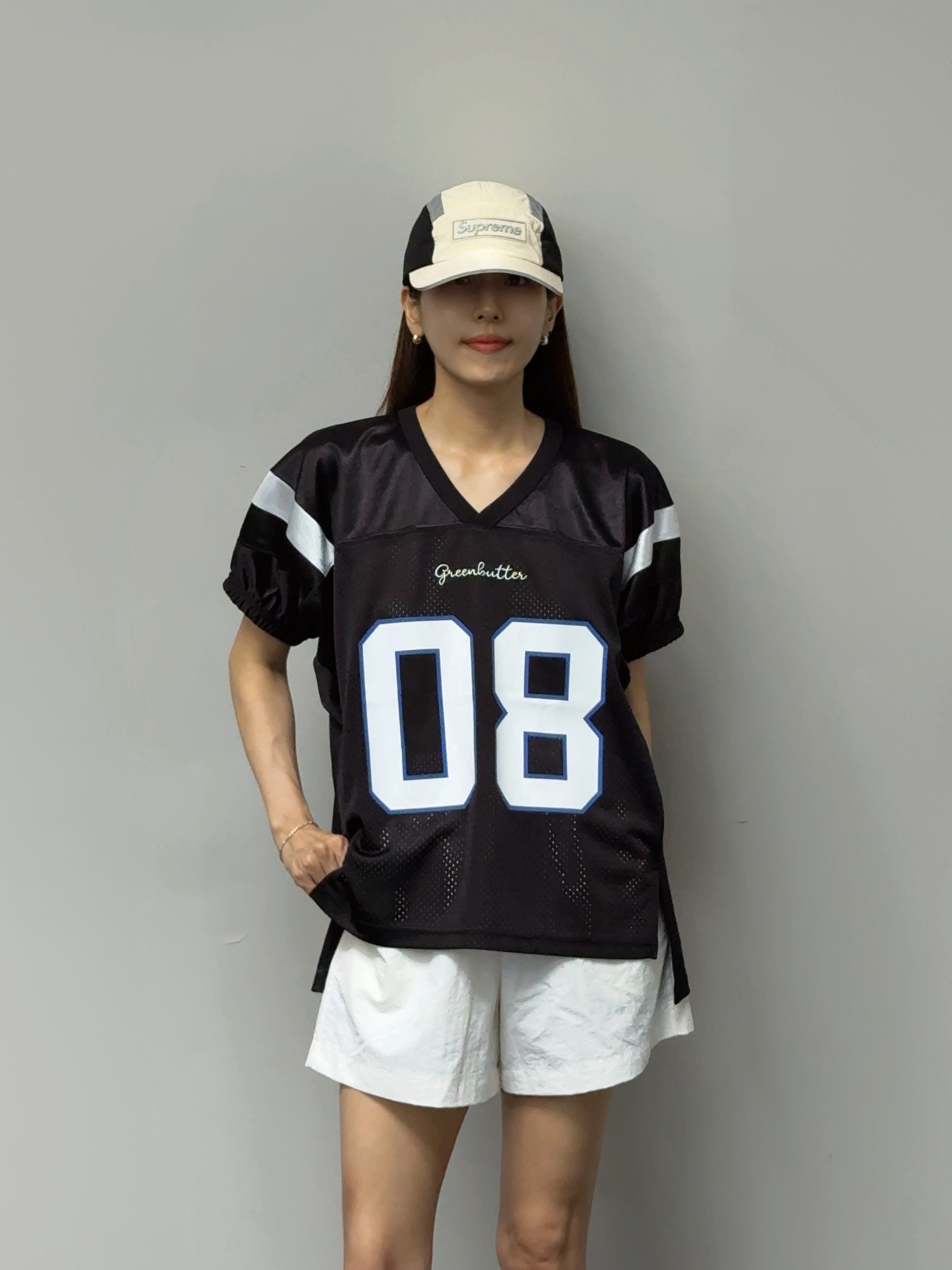 Supreme Side Mesh Camp Cap Cream - 25SS, Greenbutter Rugby Mesh Jersey Tee Black 착용 스타일 - 4