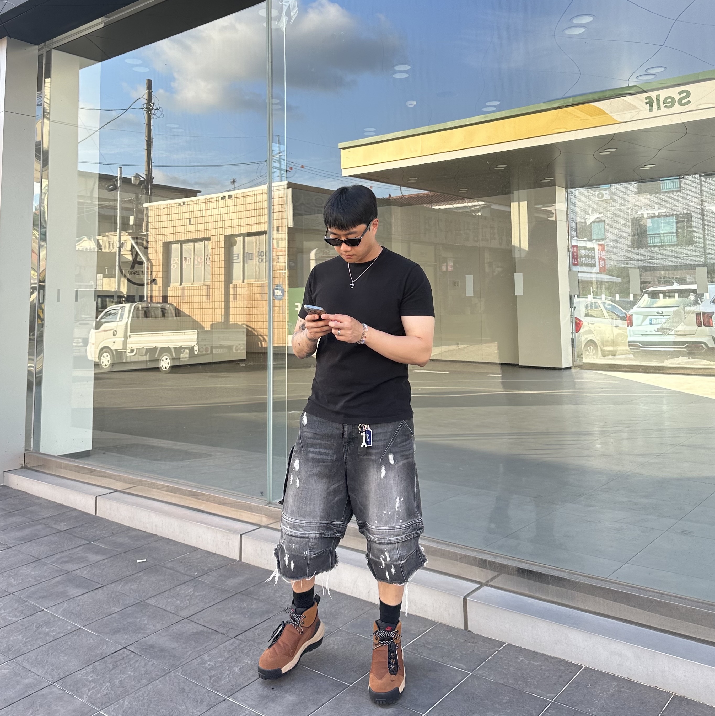 Farfromwhat Far Layered Work Shorts Pants Black, Nike x Sacai Magmascape SP Pecan 착용 스타일