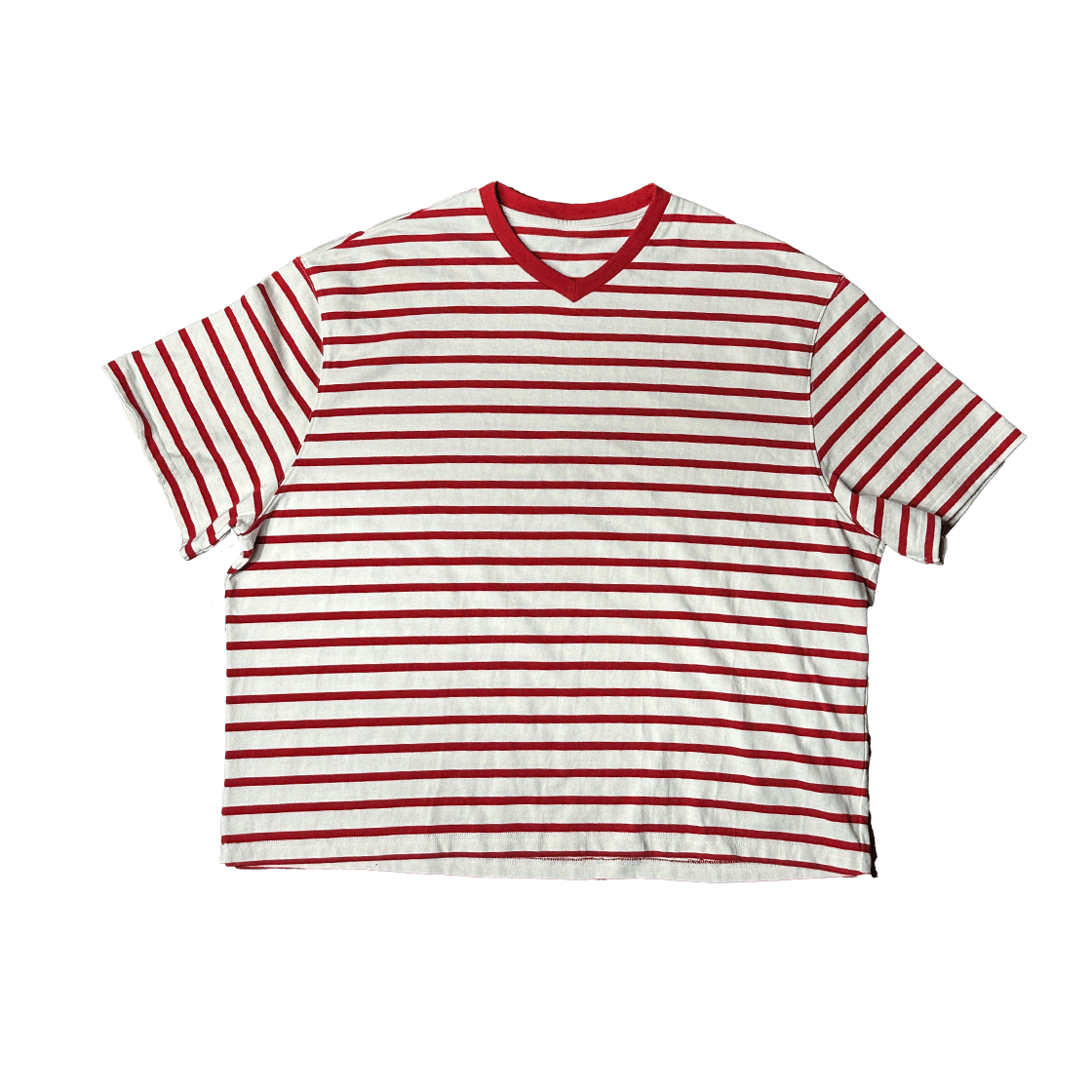 논노드 크롭 브이넥 티셔츠 레드 스트라이프(Nonnod Cropped V-neck T-shirt Red stripe)