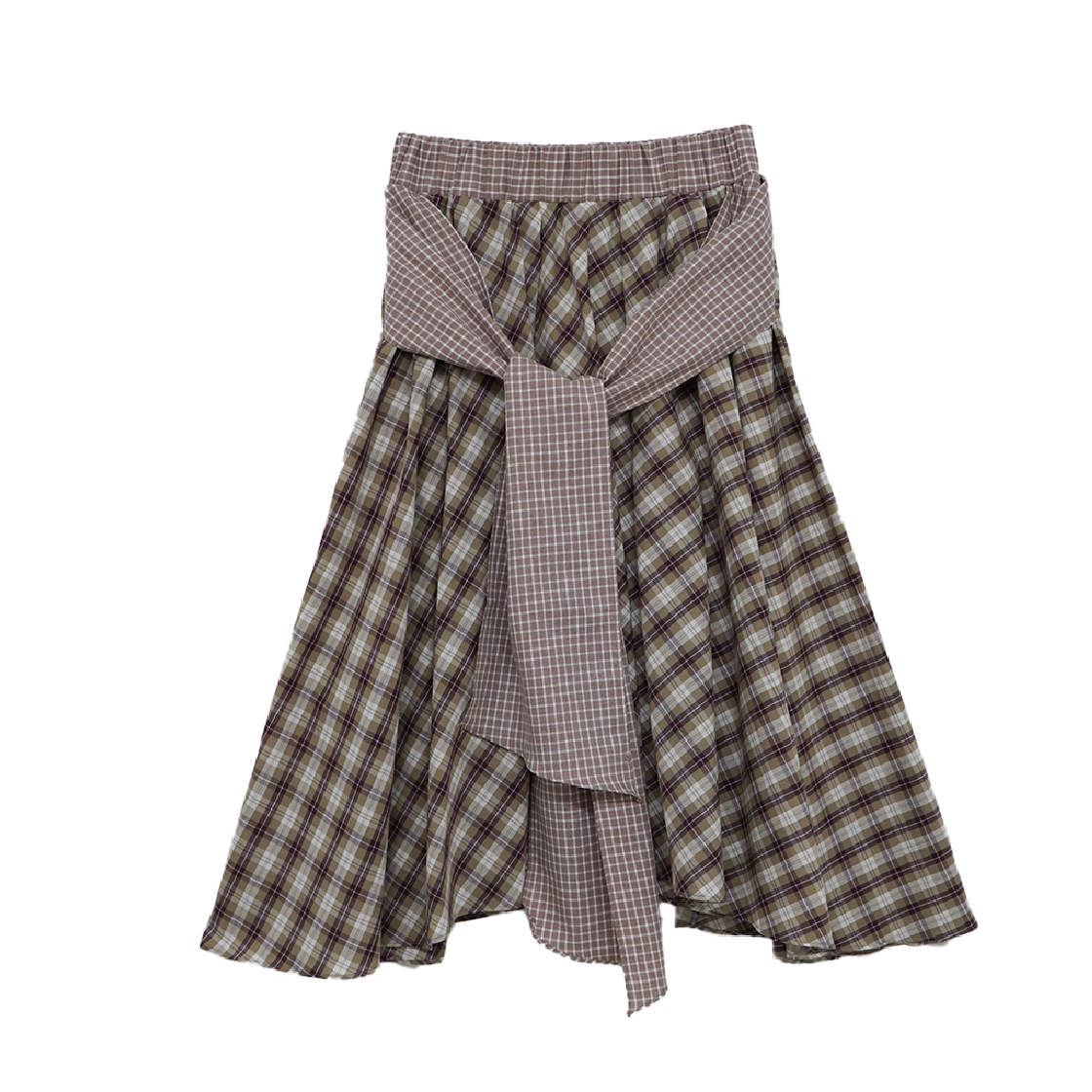 쿠키시 체크 타이 배색 스커트 베이지(Kookeesee Check Tie Skirt Beige)