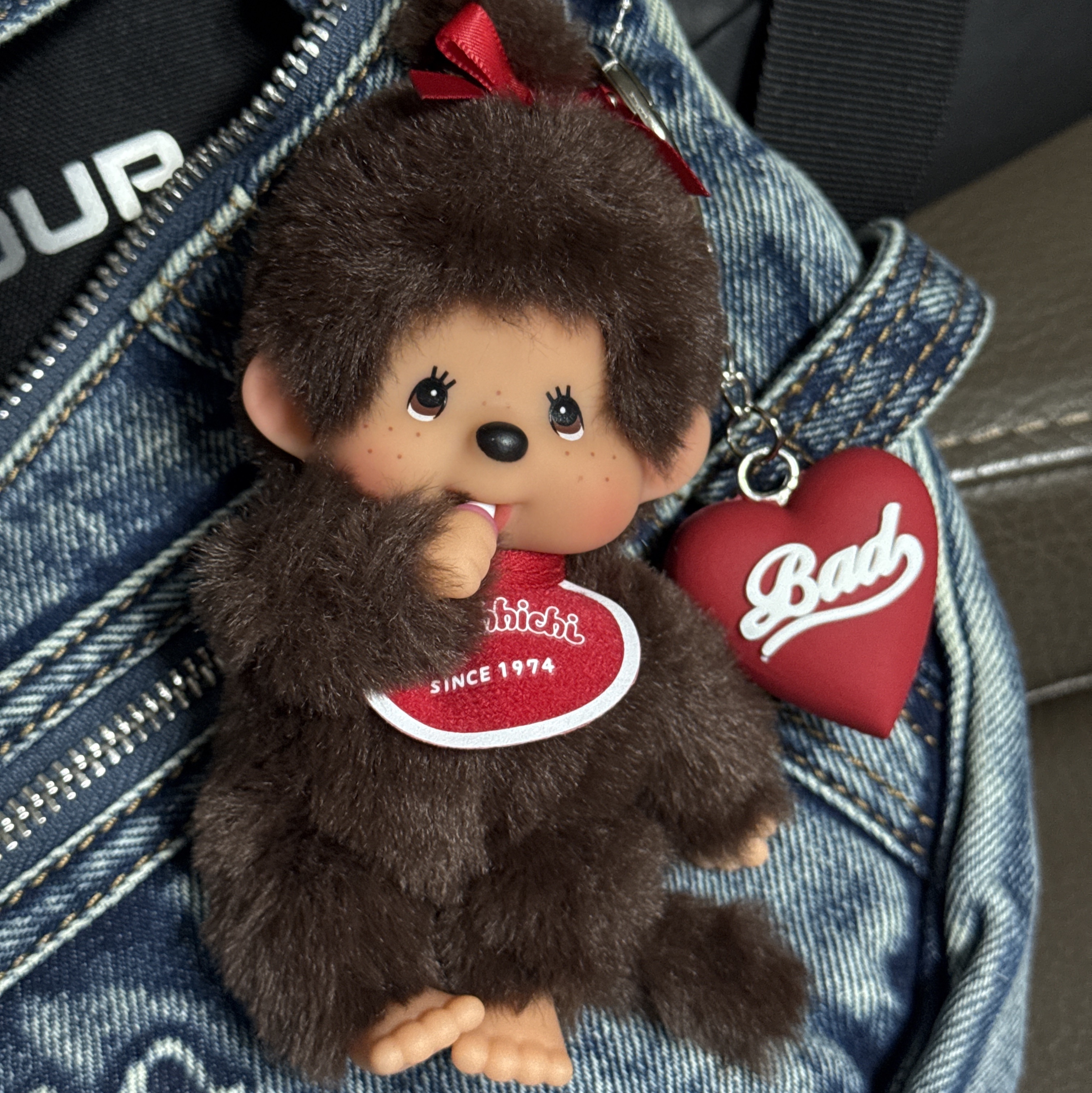 Monchhichi SS Girl Key Chain Brown, Matin Kim Matin Washed Denim Mini Hobo Bag Blue 착용 스타일