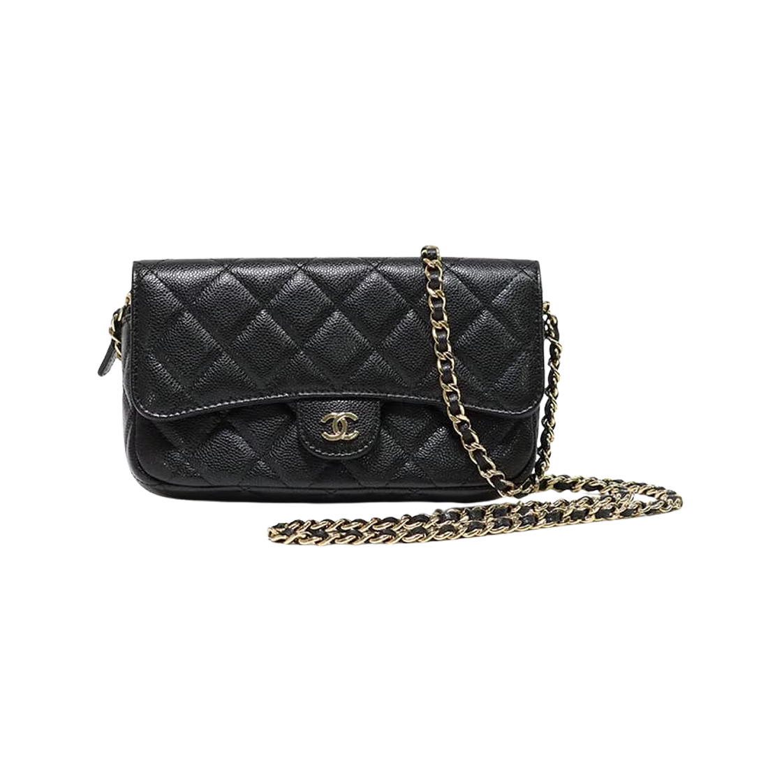 샤넬 클래식 체인 플랩 폰 홀더 그레인드 샤이니 카프스킨 & 골드 메탈 블랙(Chanel Flap Phone Holder with Classic Chain Grained Shiny Calfskin & Gold Black) - 1
