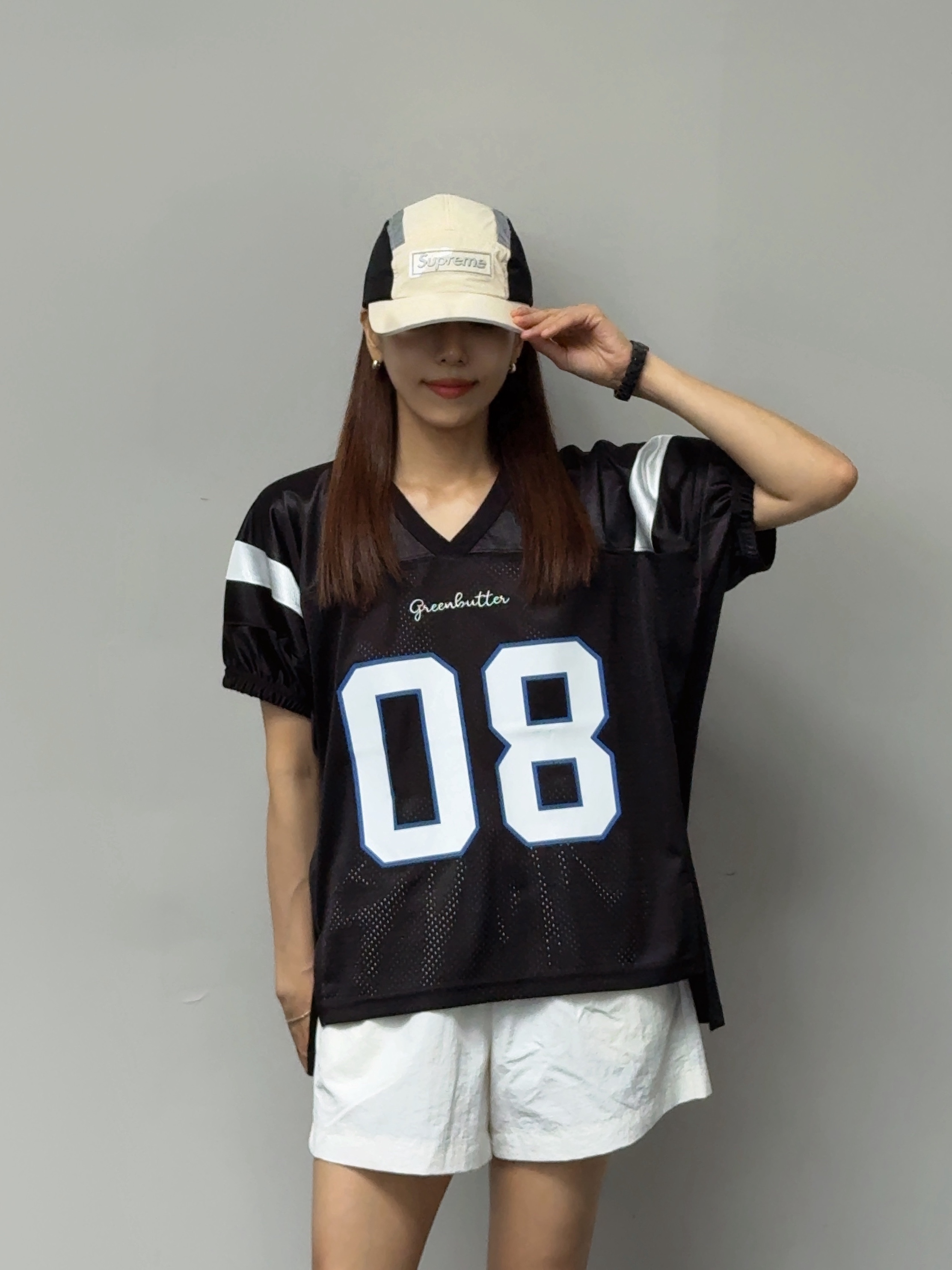 Supreme Side Mesh Camp Cap Cream - 25SS, Greenbutter Rugby Mesh Jersey Tee Black 착용 스타일 - 3