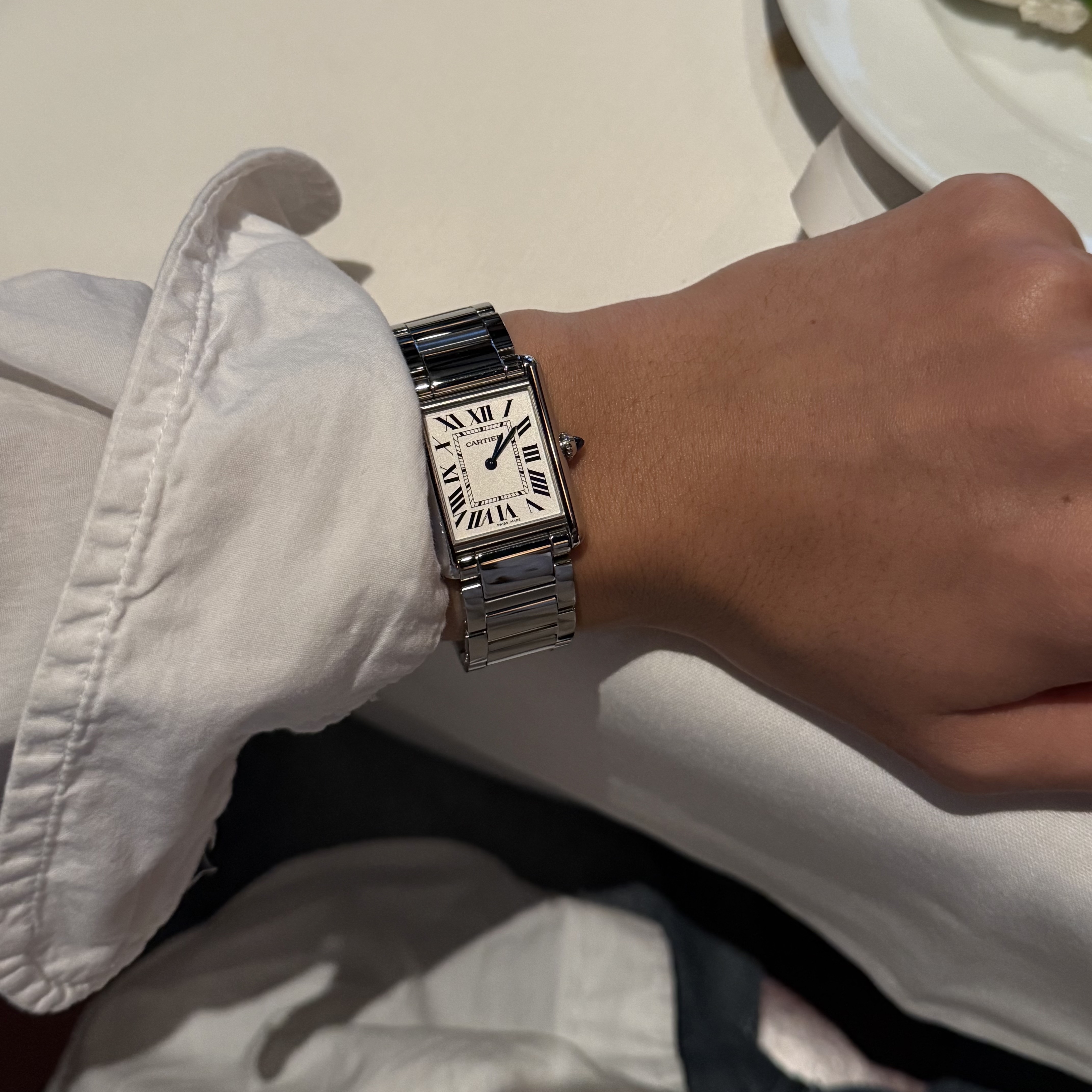 Cartier Tank Must Watch Large Quartz Steel Bracelet Steel 착용 스타일 - 3