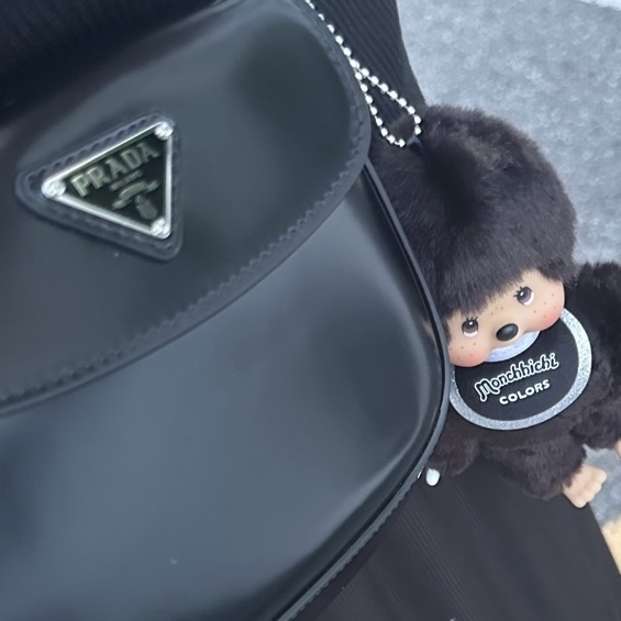 Prada Cleo Brushed Leather Mini Bag with Flap Black, Monchhichi Colors Key Chain Black 착용 스타일