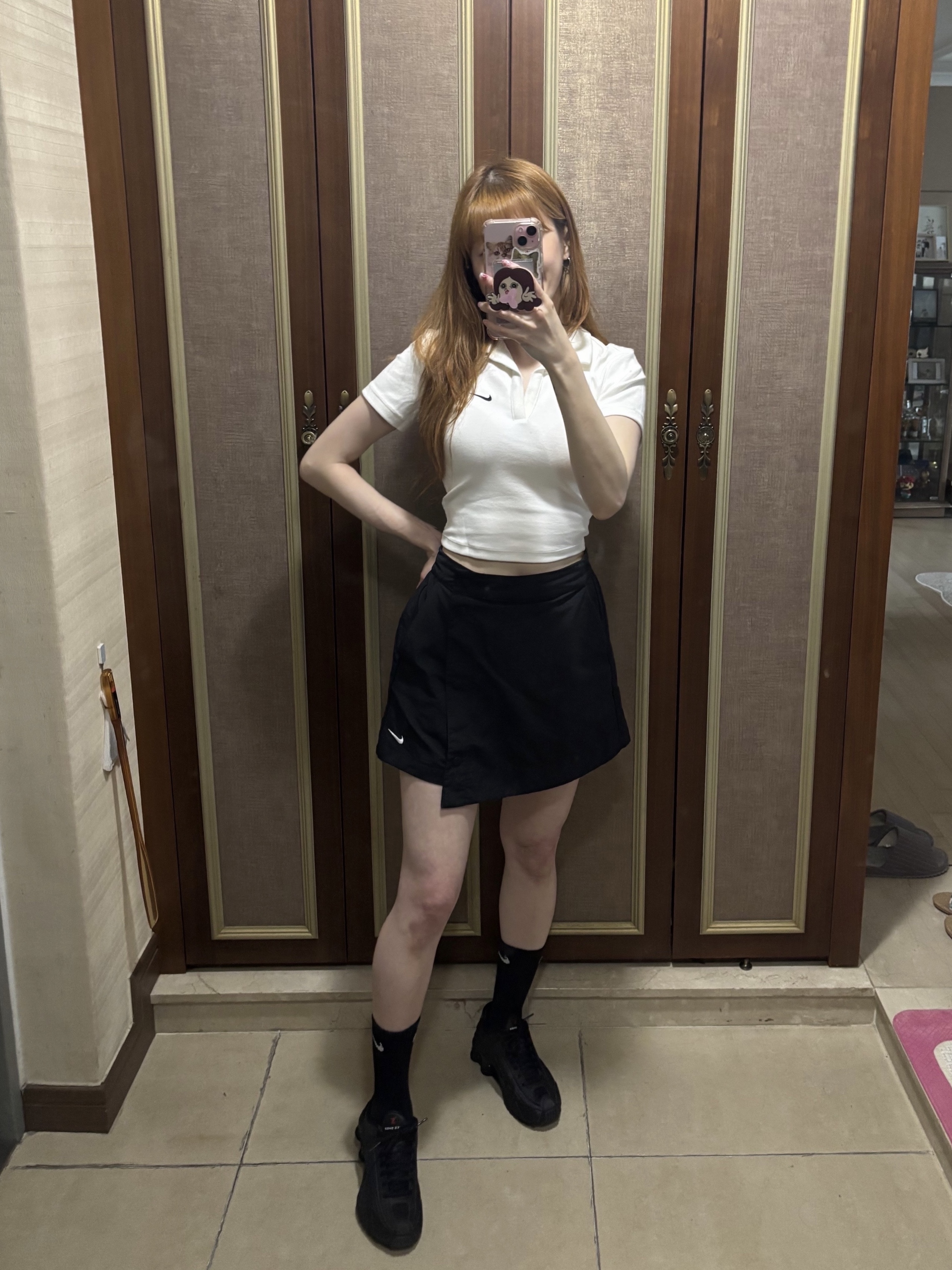 (W) Nike NSW Essential Short Sleeve Polo Top White - Asia, (W) Nike Shox R4 Black 착용 스타일 - 5