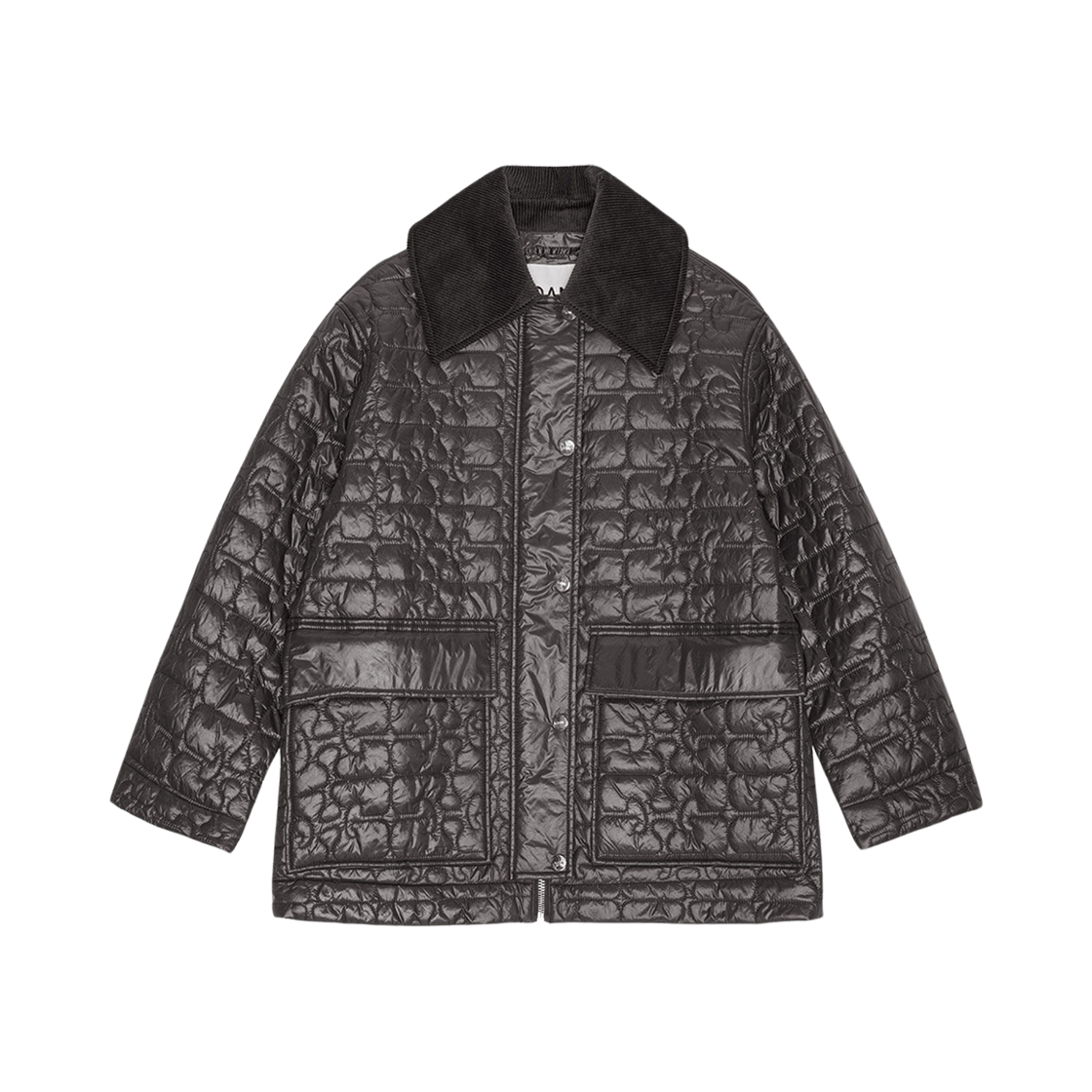 (W) 가니 샤이니 퀼트 미디 자켓 블랙((W) Ganni Shiny Quilt Midi Jacket Black)