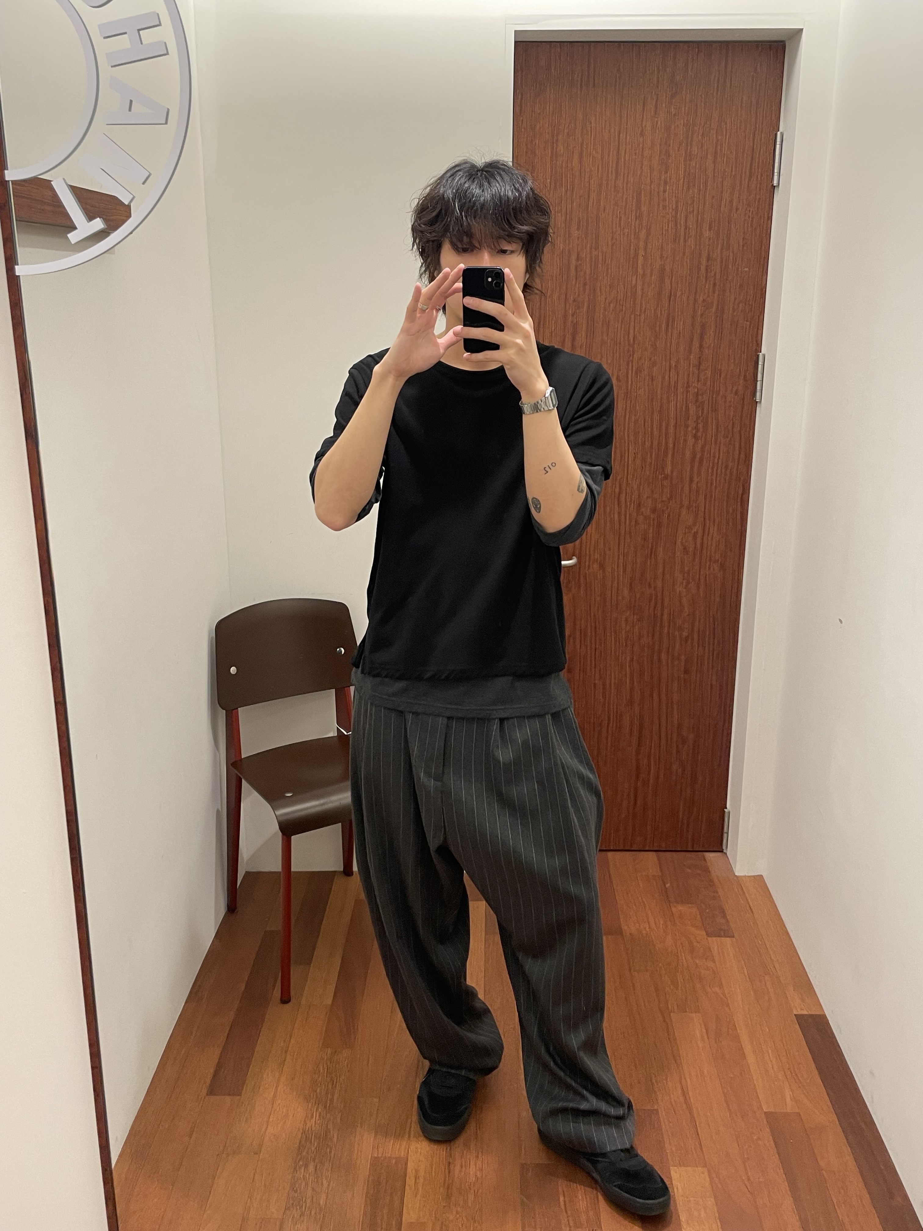 noun Wide Tapered Pants Stripe Charcoal 착용 스타일 - 3
