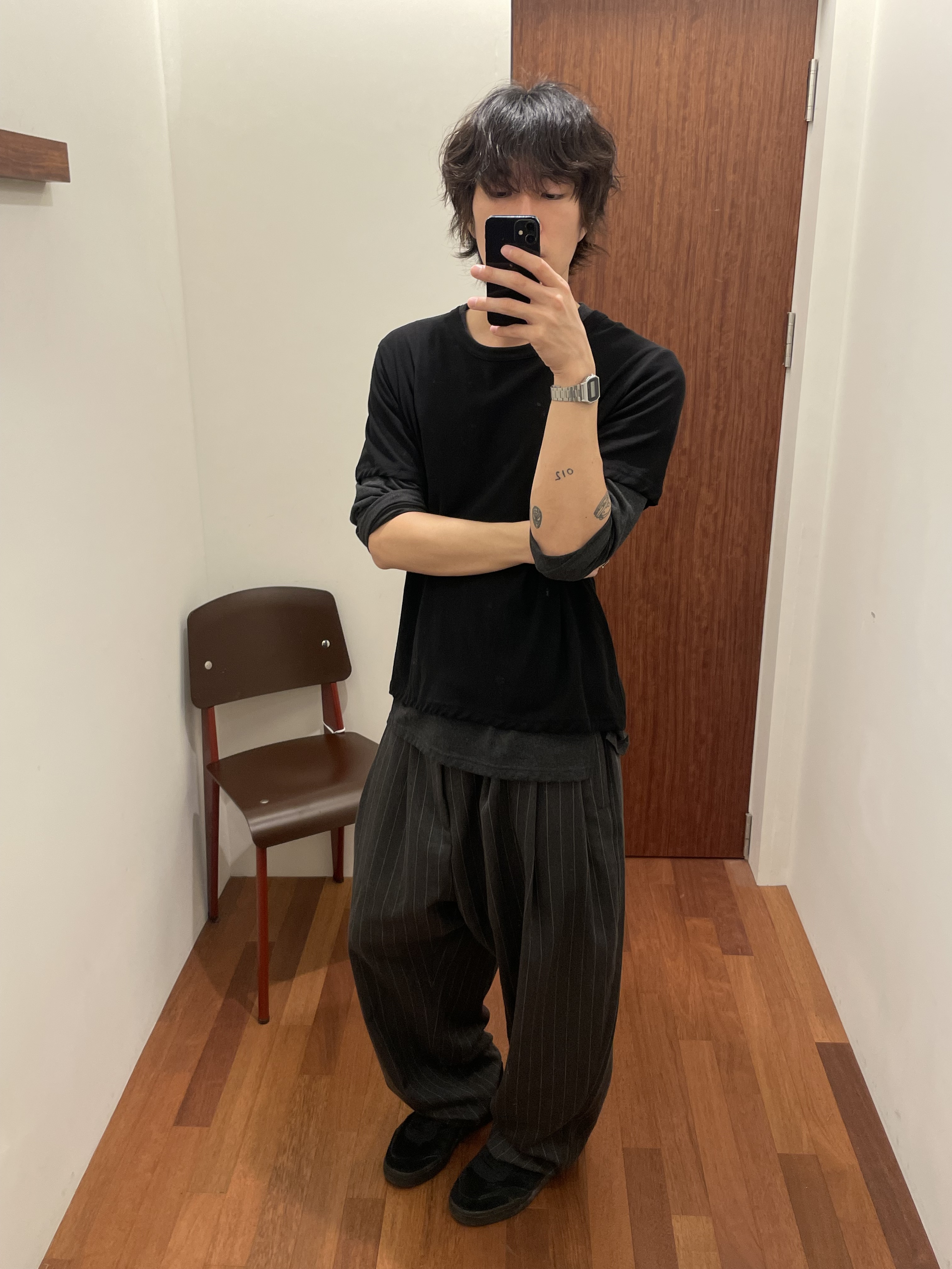 noun Wide Tapered Pants Stripe Charcoal 착용 스타일 - 1