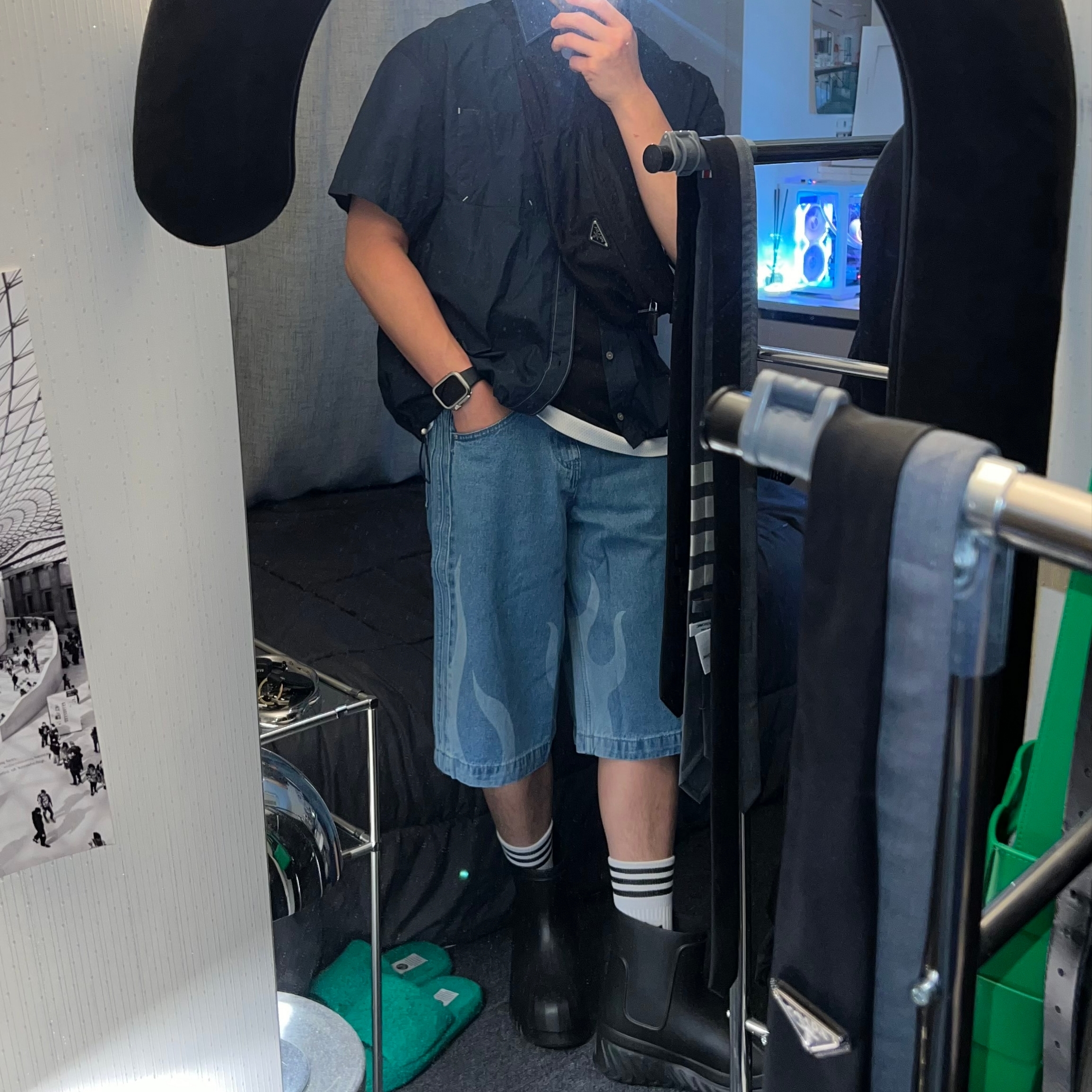 Adidas Flames Denim Shorts Blue - KR Sizing, (W) Adidas Adifom Superstar Boot Black 착용 스타일