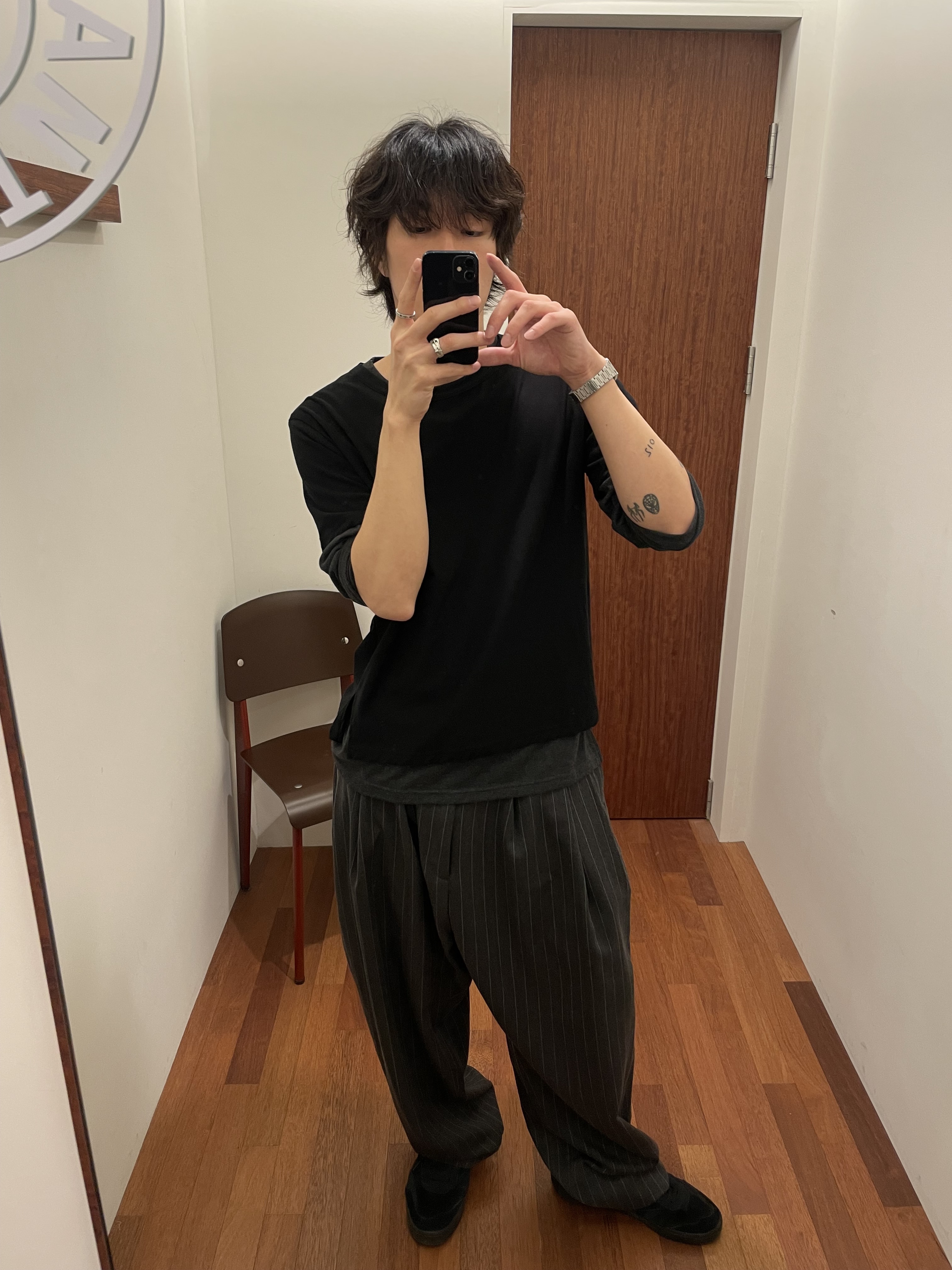 noun Wide Tapered Pants Stripe Charcoal 착용 스타일 - 2