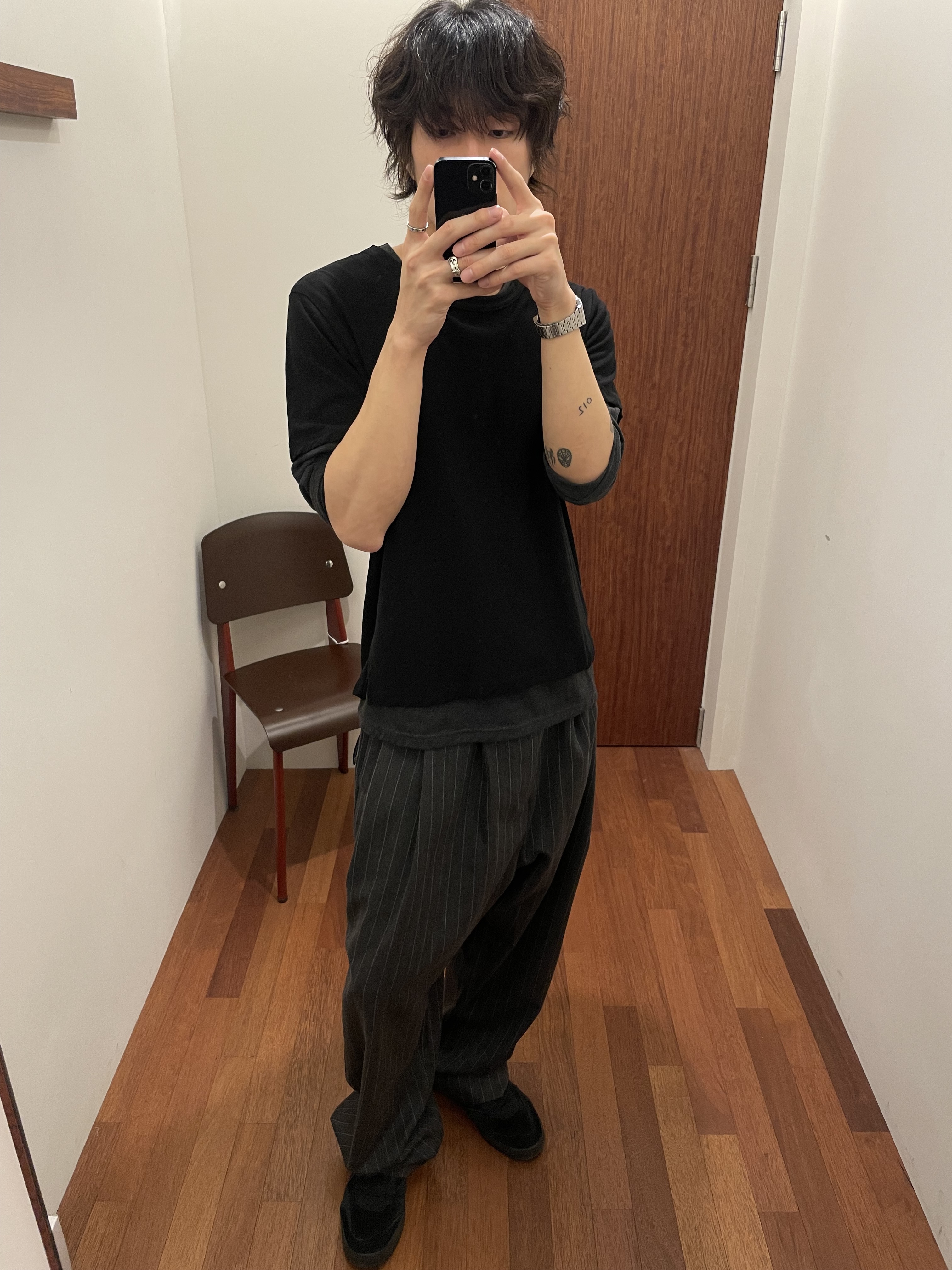 noun Wide Tapered Pants Stripe Charcoal 착용 스타일 - 5