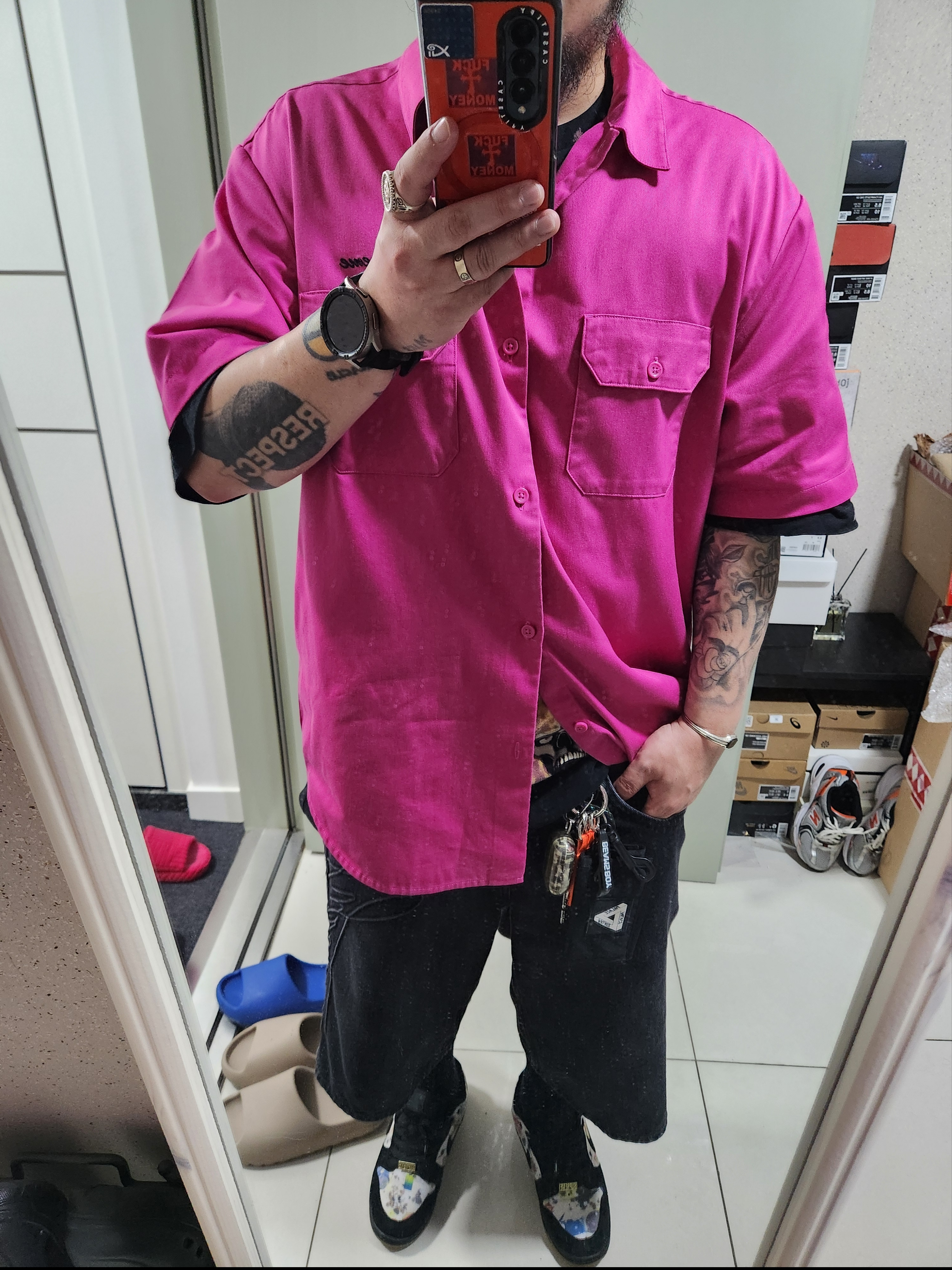 Supreme Rhinestone Pin Up S/S Work Shirt Fuchsia - 25SS 착용 스타일 - 2