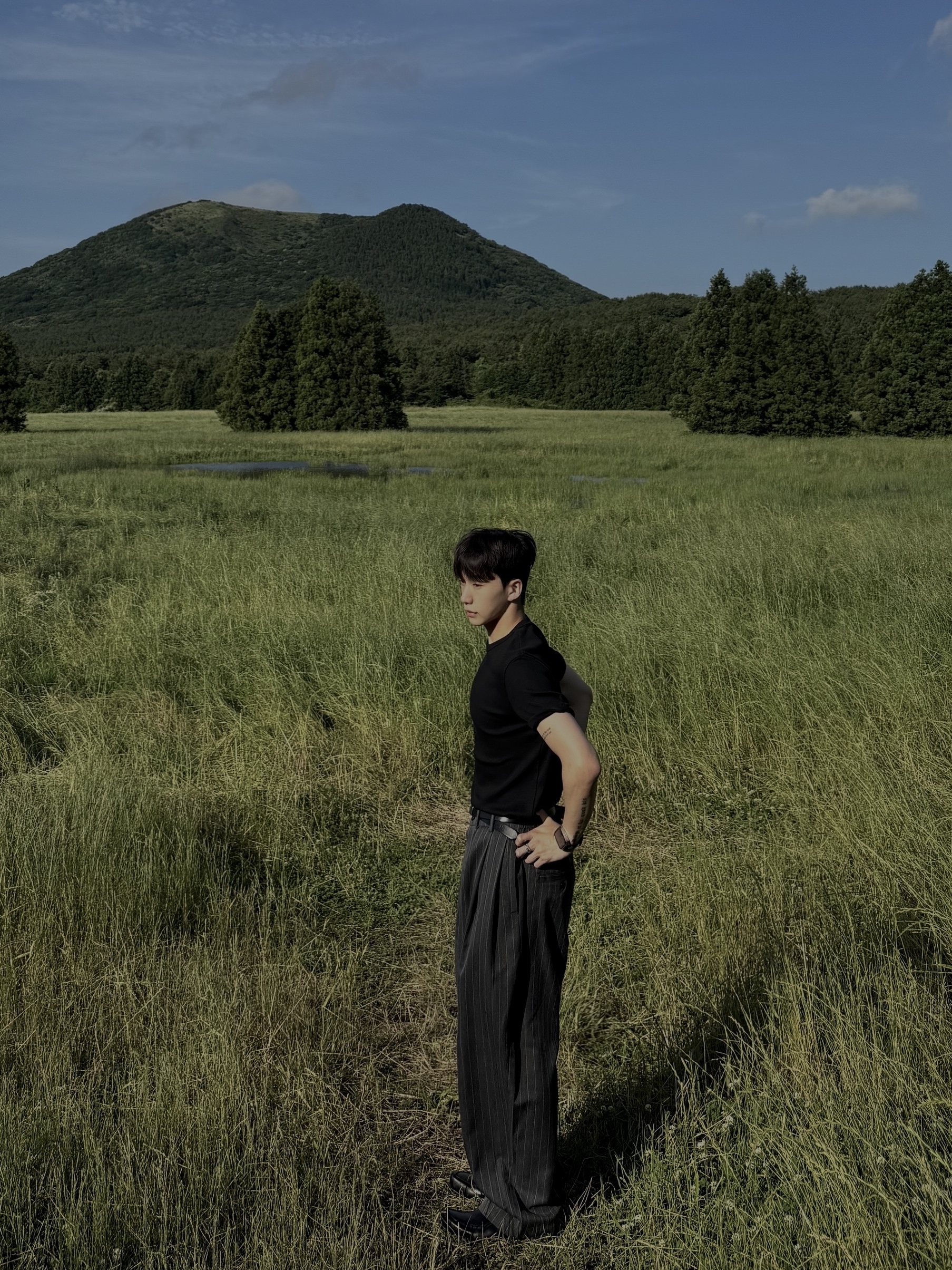 noun Wide Tapered Pants Stripe Charcoal 착용 스타일