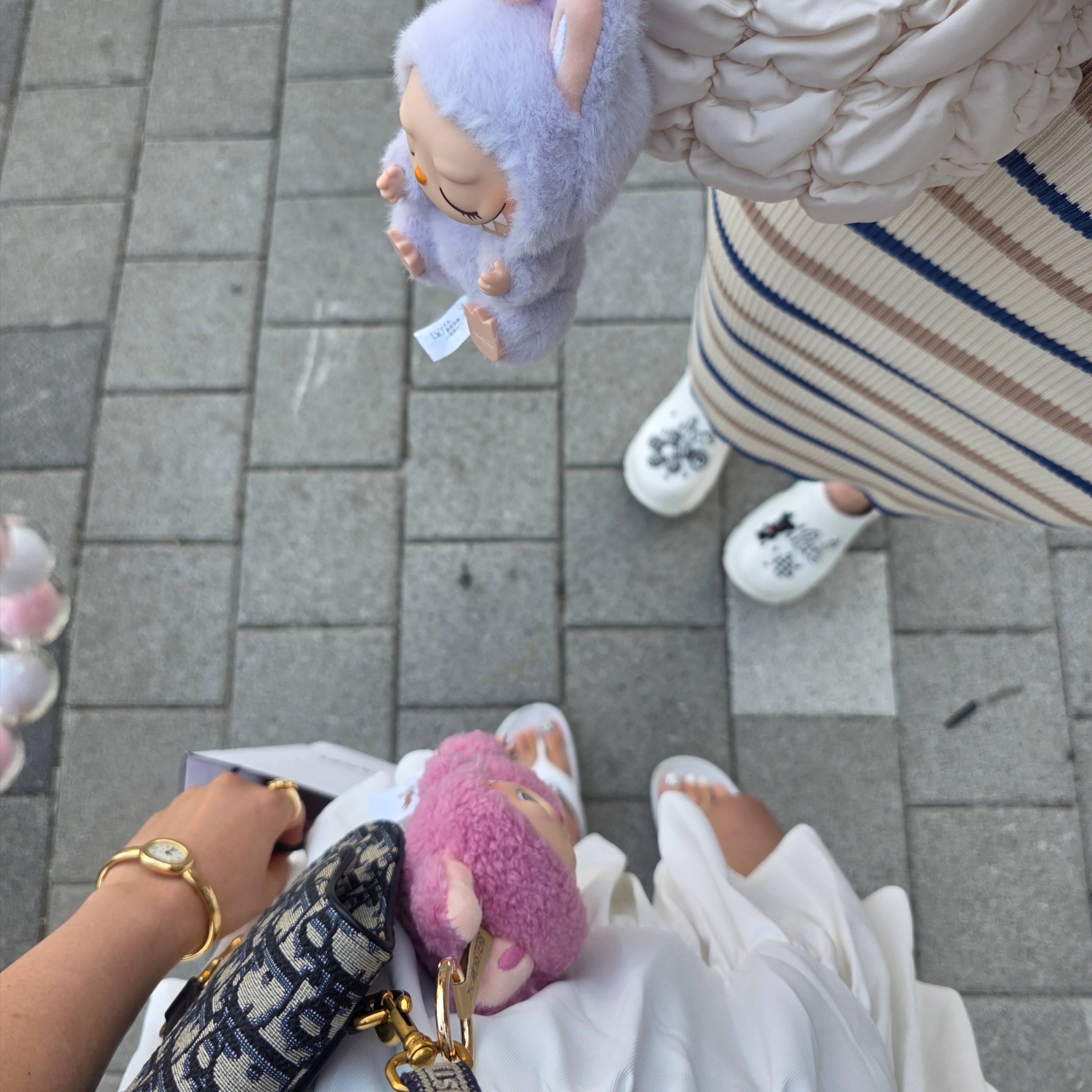 Pop Mart Labubu Let's Play Together Doll Series Zizi Keyring (Opened Case), Pop Mart Labubu The Monsters Labubu Tasty Macarons Series Lyche Berry Keyring 착용 스타일