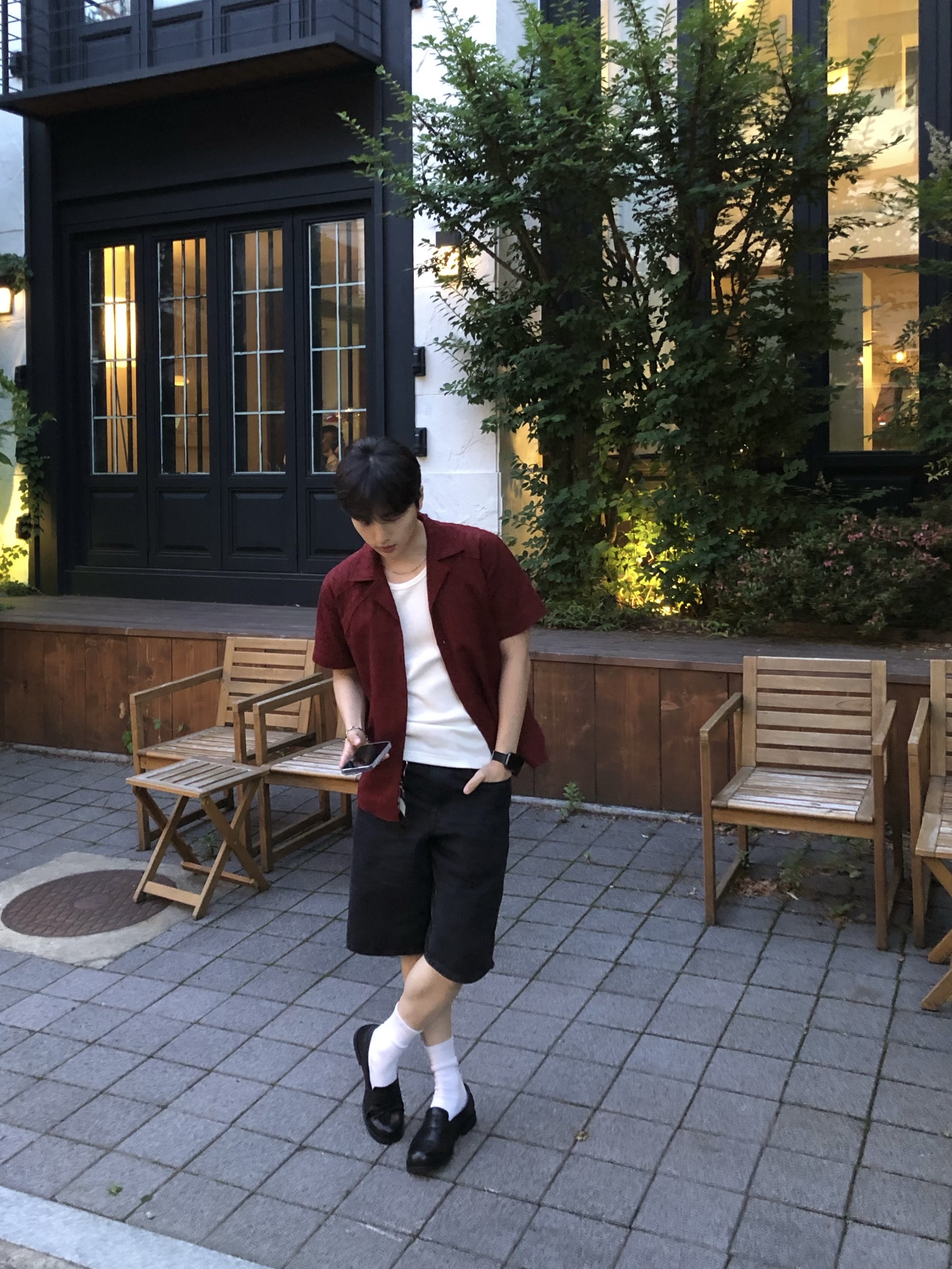 Thevinylhouse Texture Check Shirts Wine, JOSEPHT Morgan Black 착용 스타일 - 1