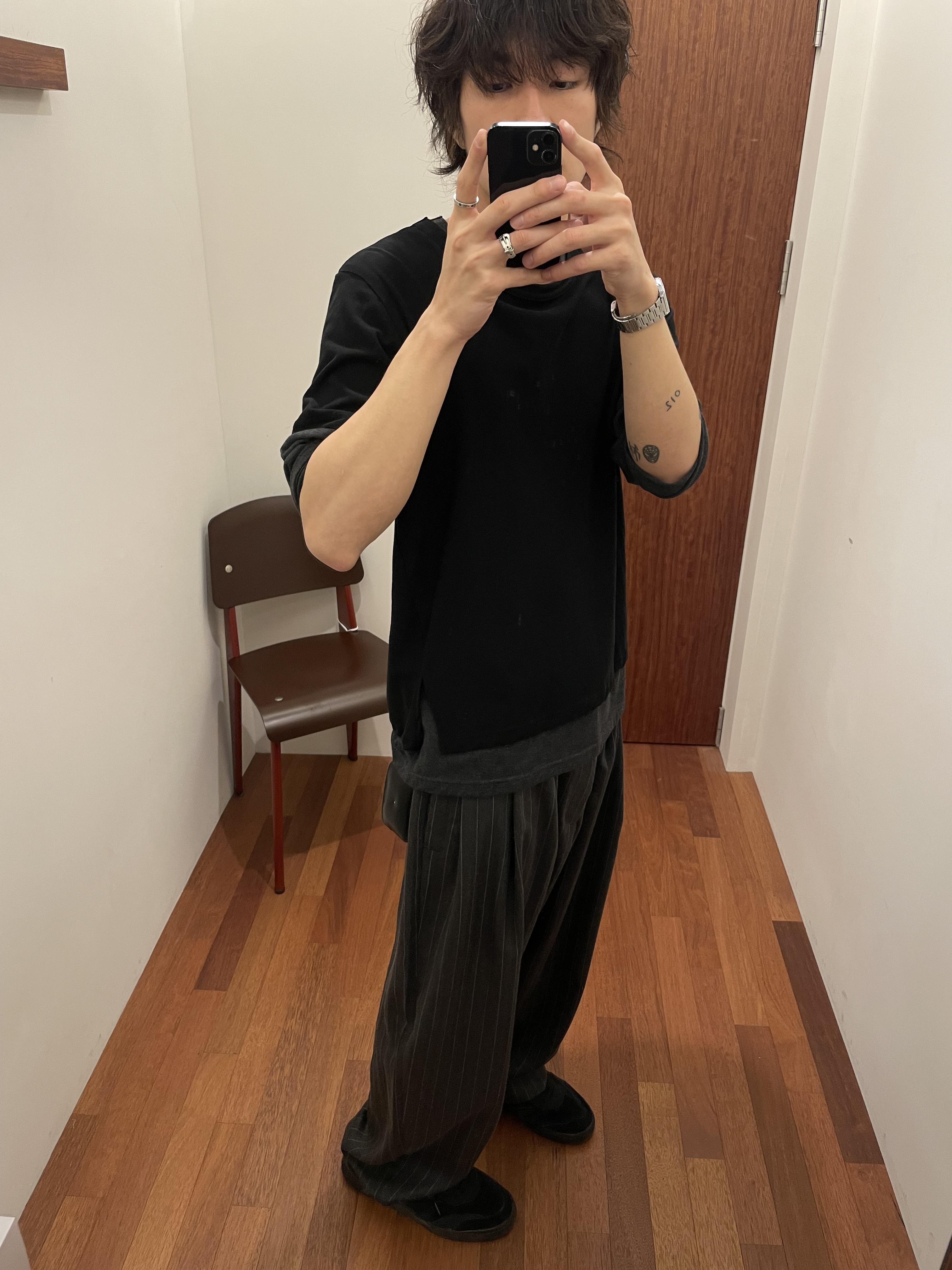 noun Wide Tapered Pants Stripe Charcoal 착용 스타일 - 4
