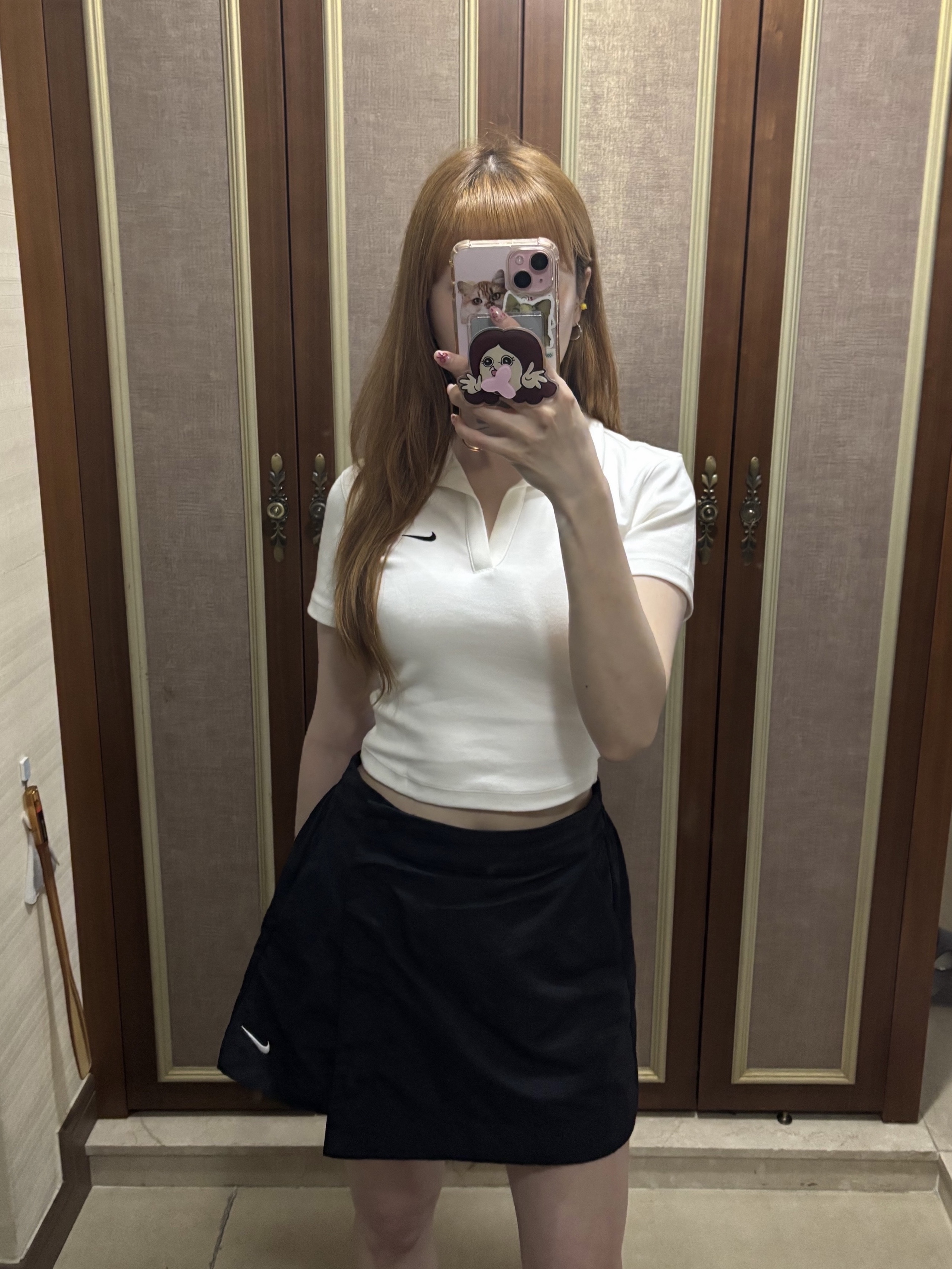 (W) Nike NSW Essential Short Sleeve Polo Top White - Asia, (W) Nike Shox R4 Black 착용 스타일 - 4