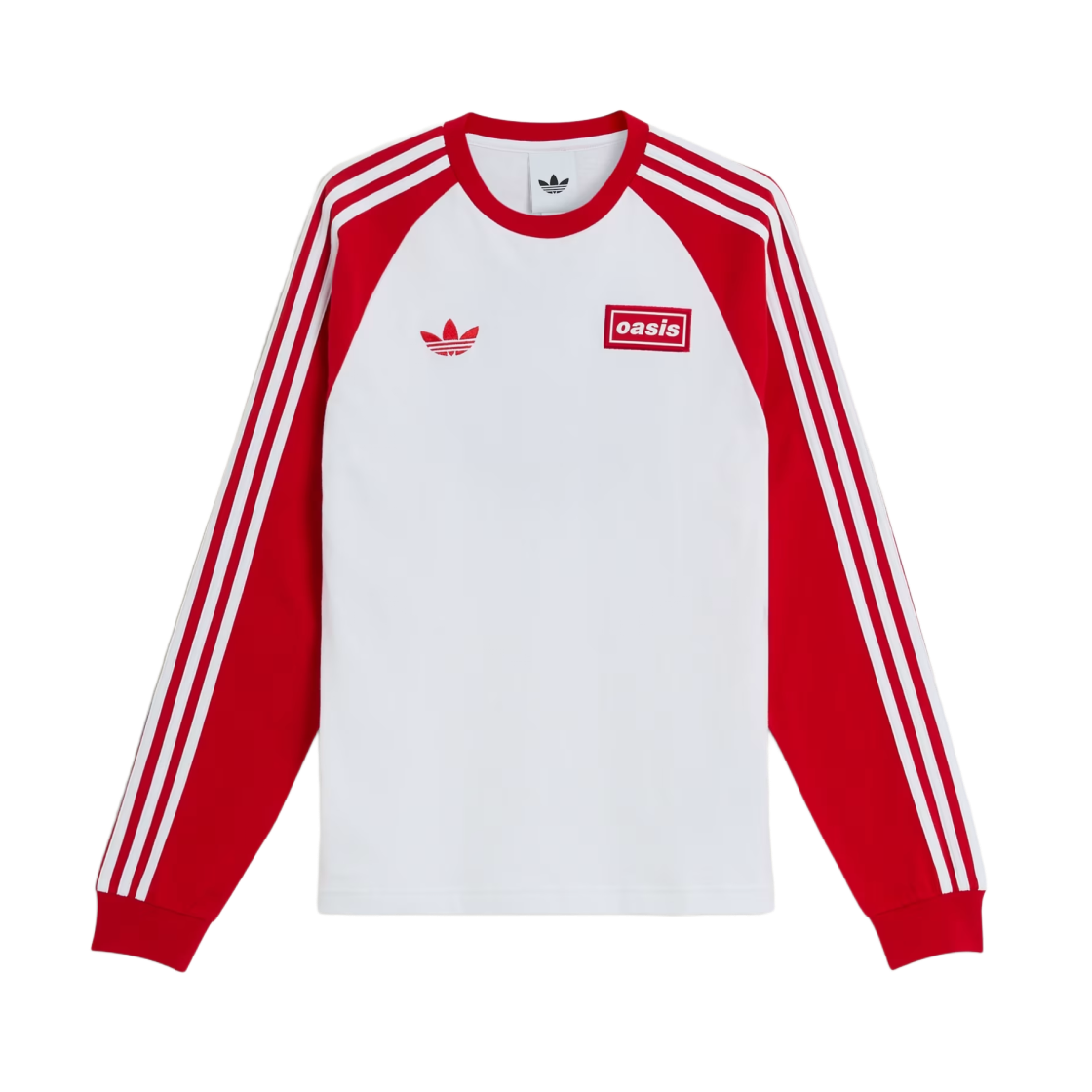 아디다스 x 오아시스 투어 3-스트라이프 롱슬리브 티셔츠 화이트 - US 사이즈(Adidas x Oasis Tour 3-Stripes Longsleeve T-Shirt White - US Sizing)
