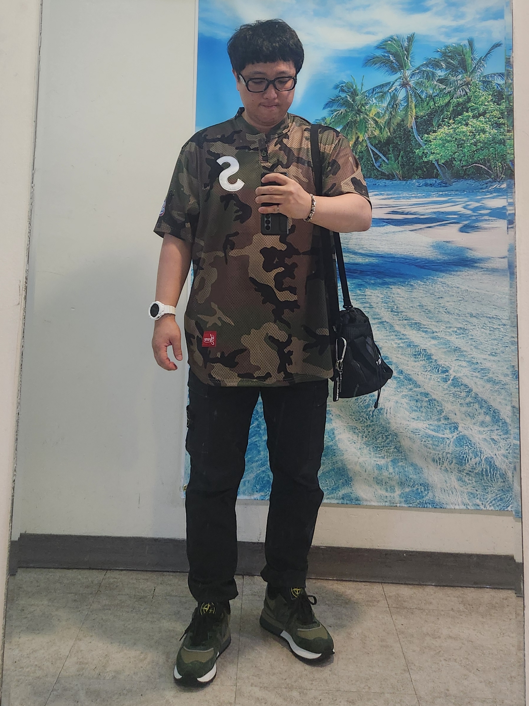 Supreme S Logo Baseball Henley Woodland Camo - 24FW, New Balance x Stone Island 574 Legacy Dark Green 착용 스타일