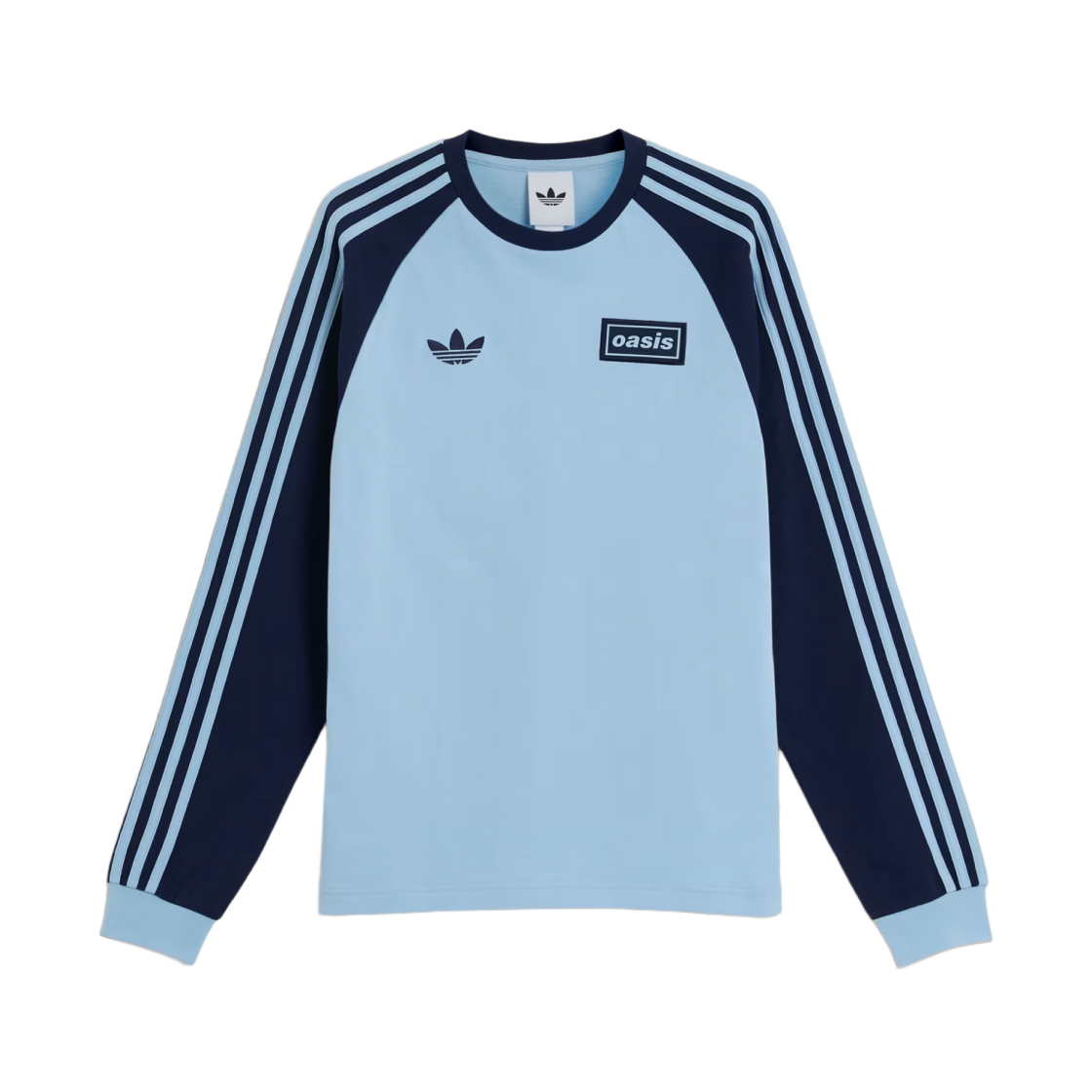 아디다스 x 오아시스 투어 3-스트라이프 롱슬리브 티셔츠 클리어 스카이 나이트 인디고 - US 사이즈(Adidas x Oasis Tour 3-Stripes Longsleeve T-Shirt Clear Sky Night Indigo - US Sizing)