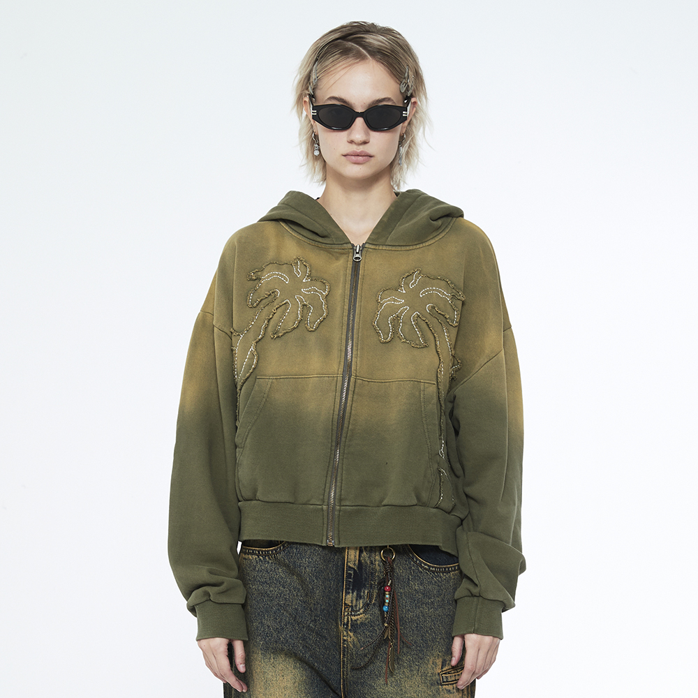 쎄르페 아플리케 블리치 워싱 크롭후드 집업 카키(SSERPE Applique Bleach Washing Crop Hoodie Zip Up Khaki) - 6