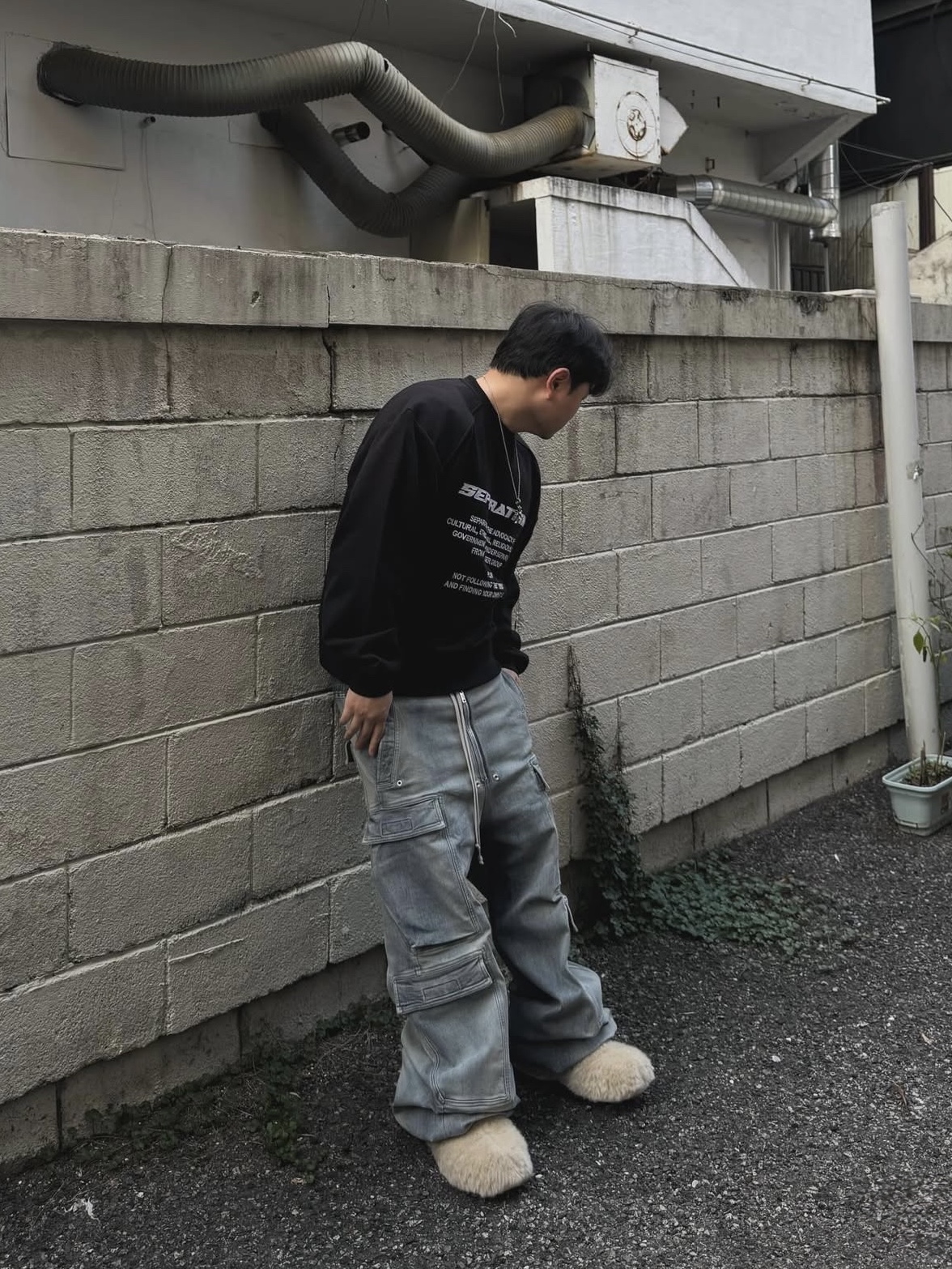 Rick Owens Double Cargo Jumbo Belas Jeans Mineral Pearl Degrade 착용 스타일
