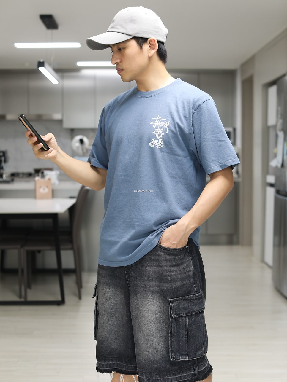 Stussy Double Dragon Pigment Dyed T-Shirt Navy 착용 스타일 - 1