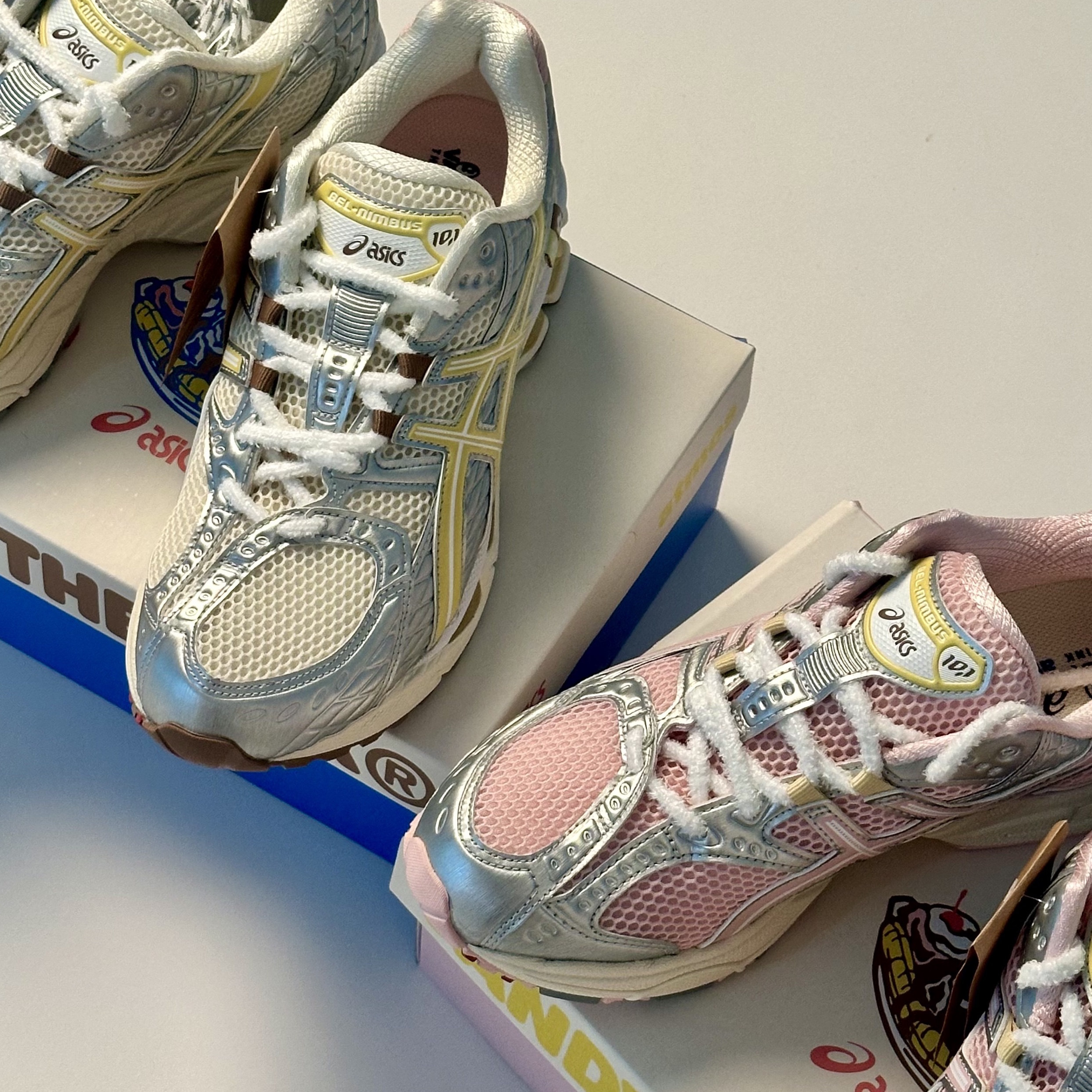 Asics x Atmos x Vandy The Pink Gel-Nimbus 10.1 Banana Split Banana, Asics x Atmos x Vandy The Pink Gel-Nimbus 10.1 Banana Split Strawberry 착용 스타일