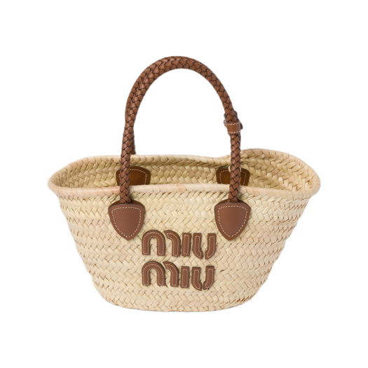 5BG273-2DDH-F0A5T Miu Miu Woven Fabric Tote Bag Beige Cognac