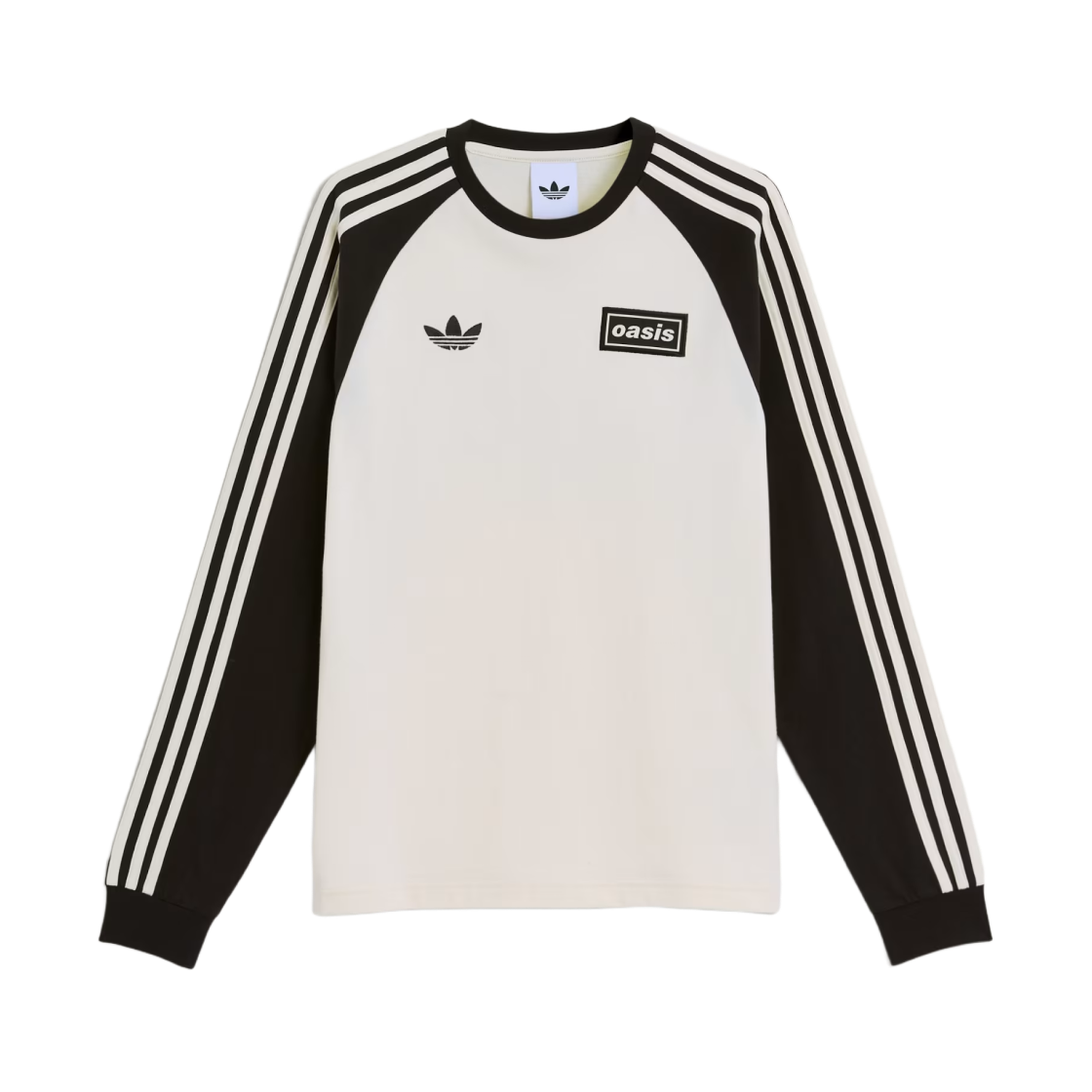 아디다스 x 오아시스 투어 3-스트라이프 롱슬리브 티셔츠 화이트 - US 사이즈(Adidas x Oasis Tour 3-Stripes Longsleeve T-Shirt White - US Sizing)
