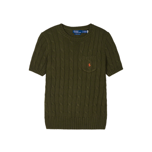 KW5CTSSRLE1GN [30% 적립] Polo Ralph Lauren Women Cable Knit Cotton Short Sleeve Sweater Green - 25FW