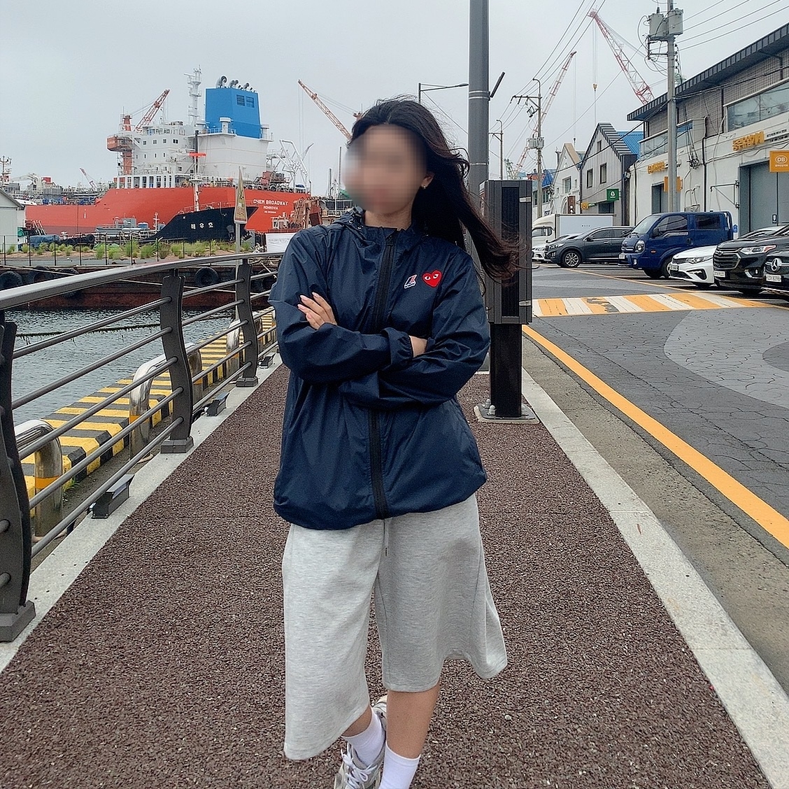 Play Comme des Garcons x K-Way Full Zip Jacket Navy 착용 스타일