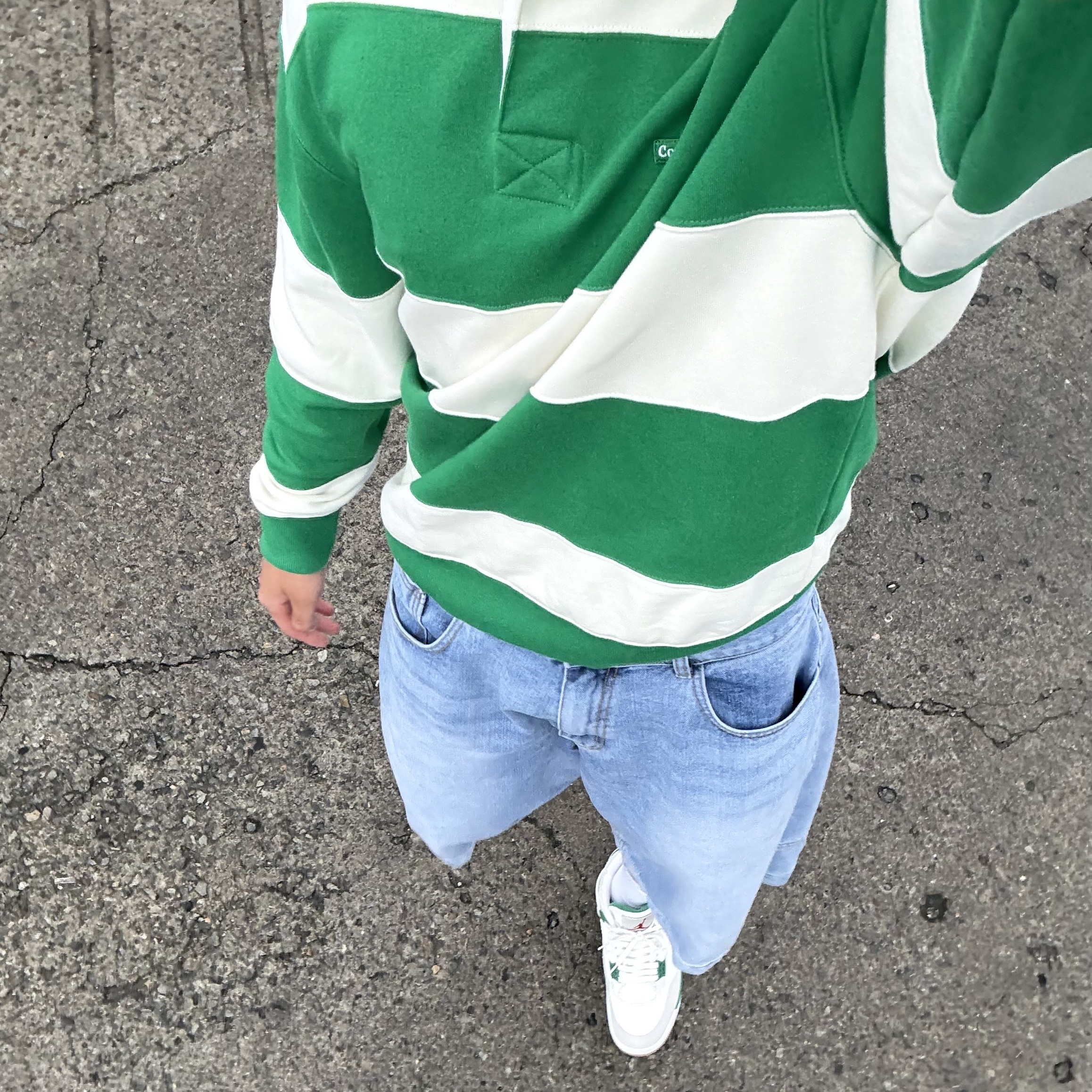 Jordan 4 x Nike SB Retro SP Pine Green, Covernat Stripe Rugby Sweatshirt Green 착용 스타일