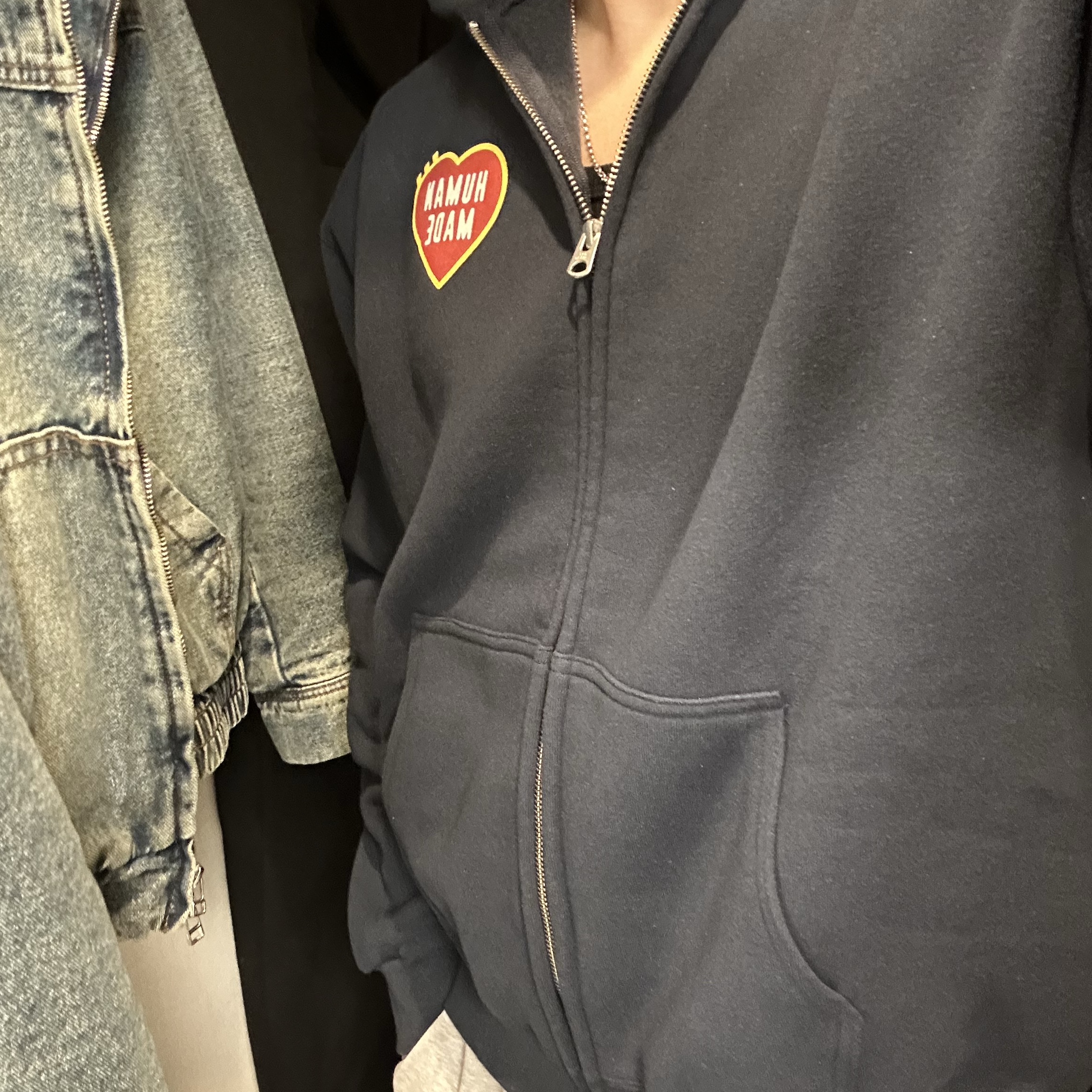 Human Made Zip-Up Heart Hoodie Navy 착용 스타일
