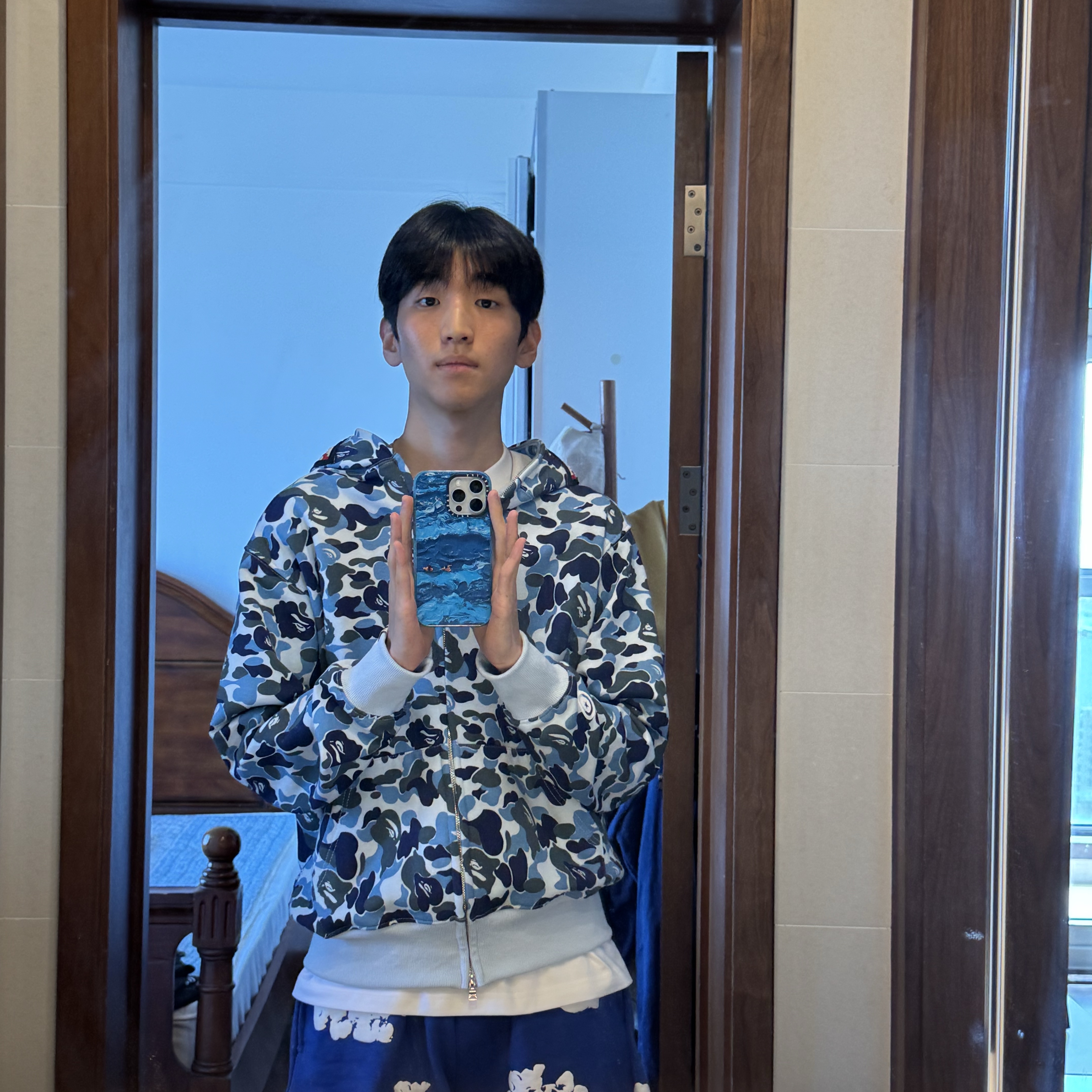 BAPE ABC Camo Shark Full Zip Hoodie Blue, Denim Tears The Cotton Wreath Shorts Royal Blue 착용 스타일