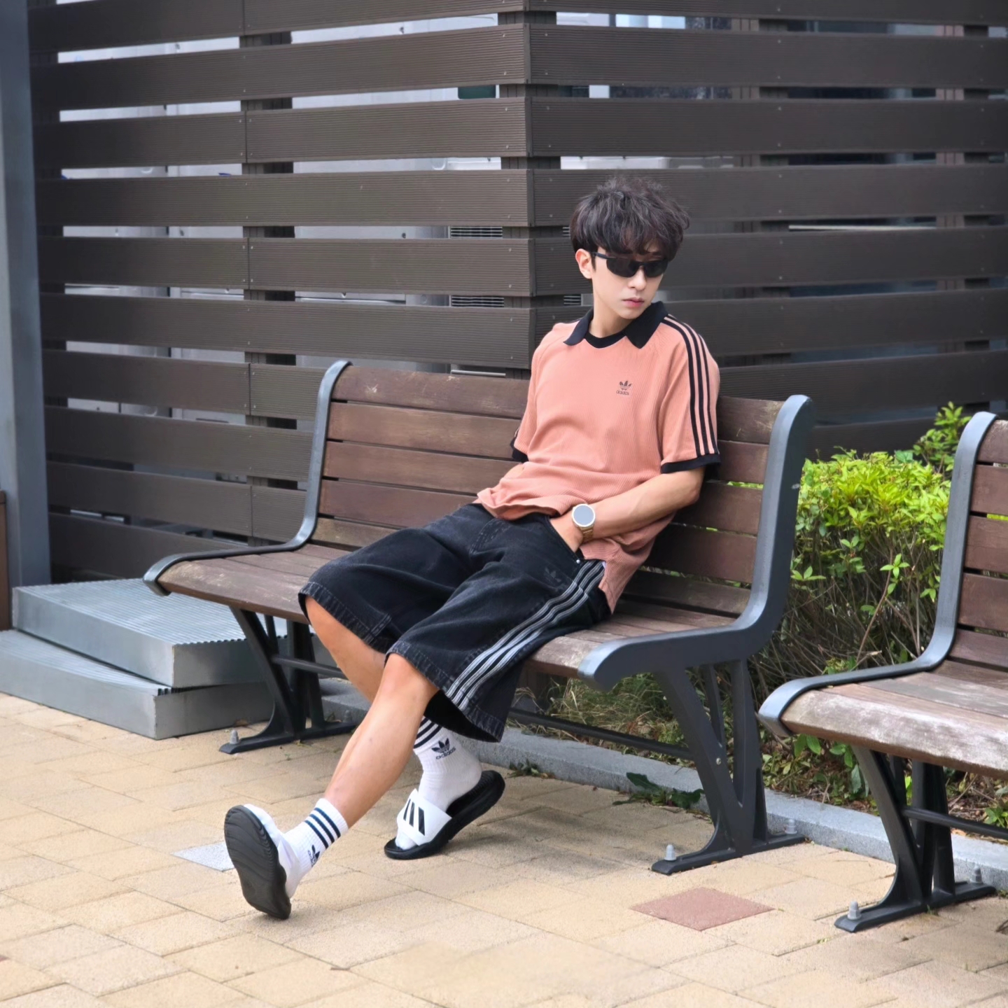 Adidas Adicolor Classics Waffle Polo Shirt Clay Strata - KR Sizing, Adidas Adicolor Classics Waffle Polo Shirt Clay Strata - US Sizing 착용 스타일 - 6