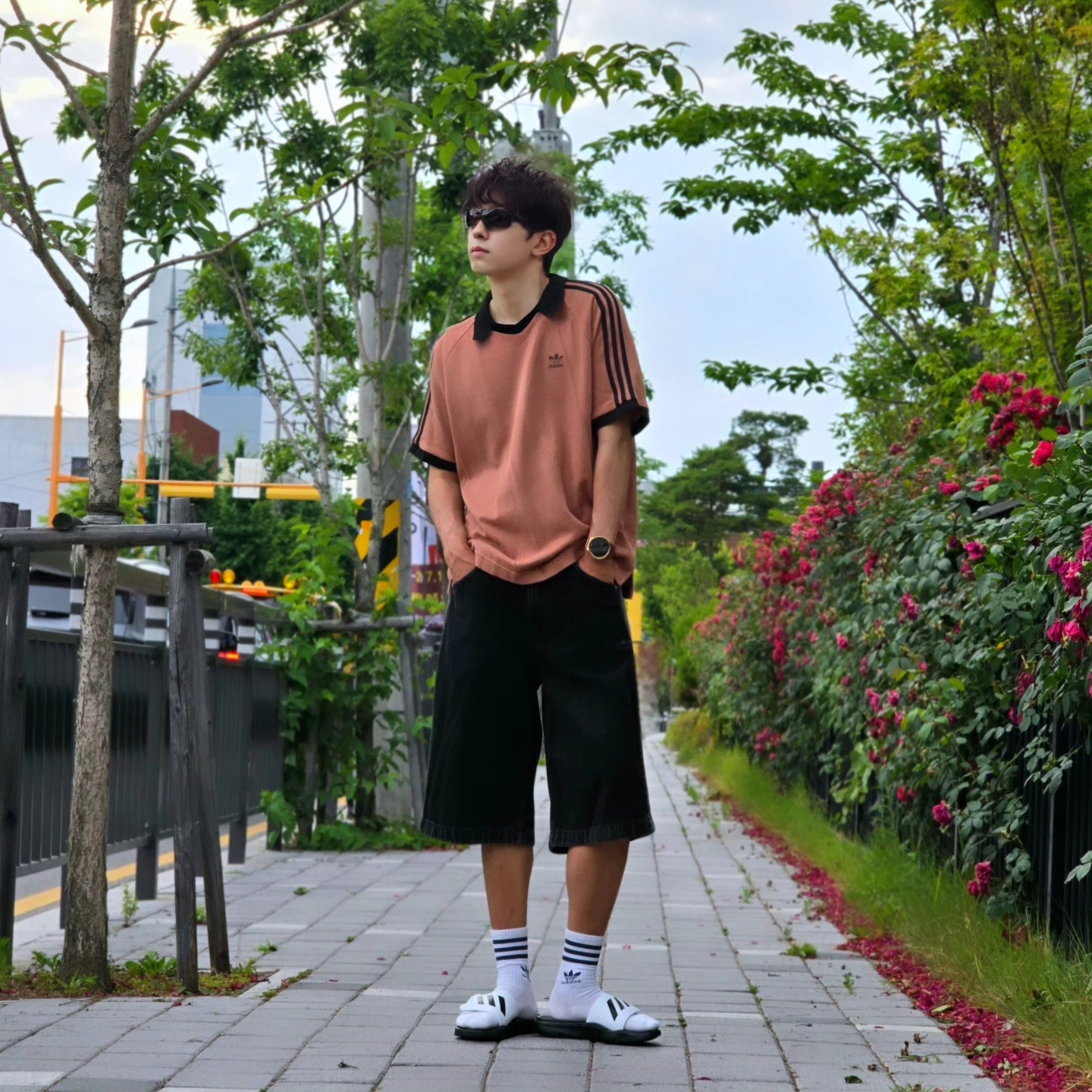 Adidas Adicolor Classics Waffle Polo Shirt Clay Strata - KR Sizing, Adidas Adicolor Classics Waffle Polo Shirt Clay Strata - US Sizing 착용 스타일 - 5