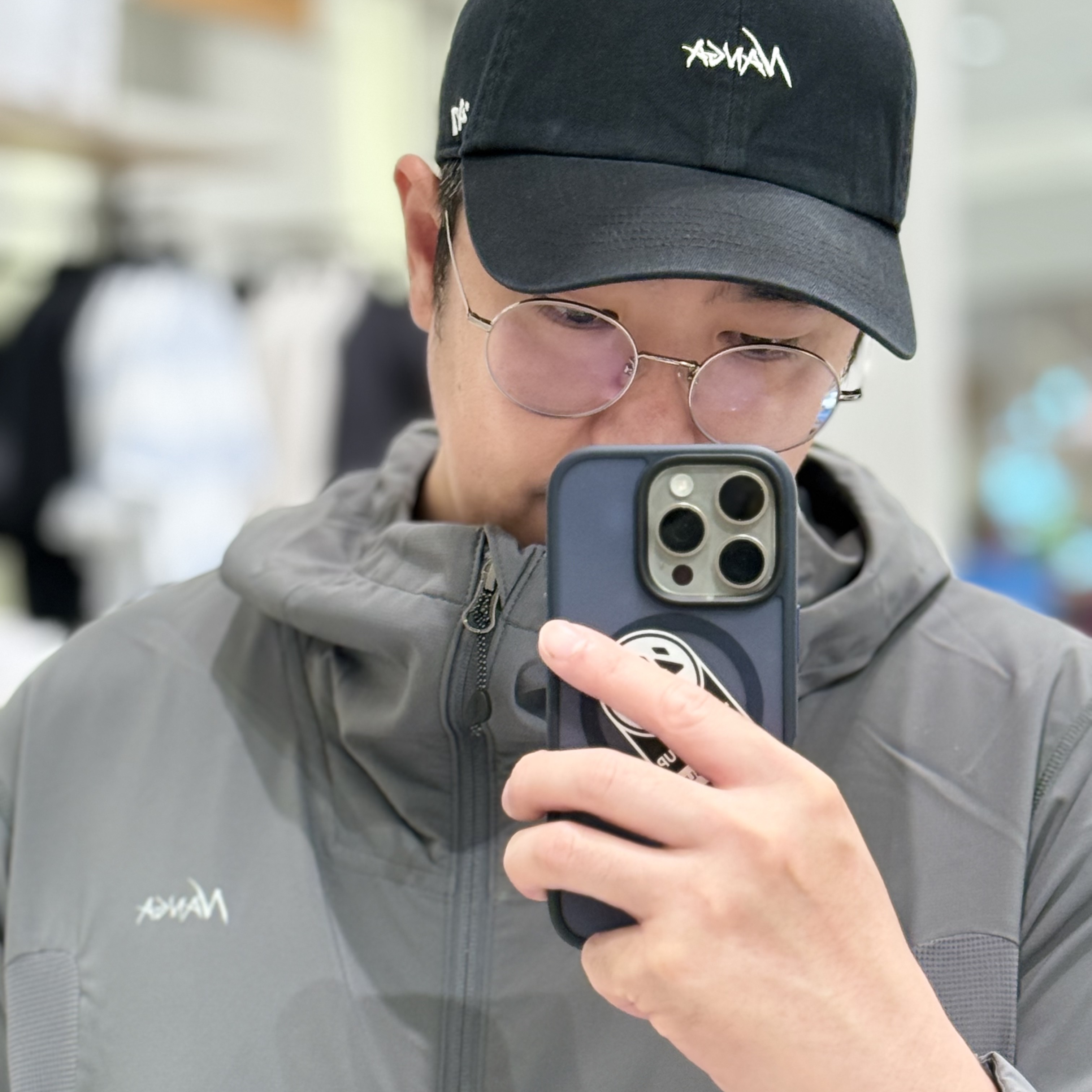 Nanga Hybrid Flex Zip Blouson Gray - 25SS, Nanga × 47 Cotton Cap Black - 25SS 착용 스타일