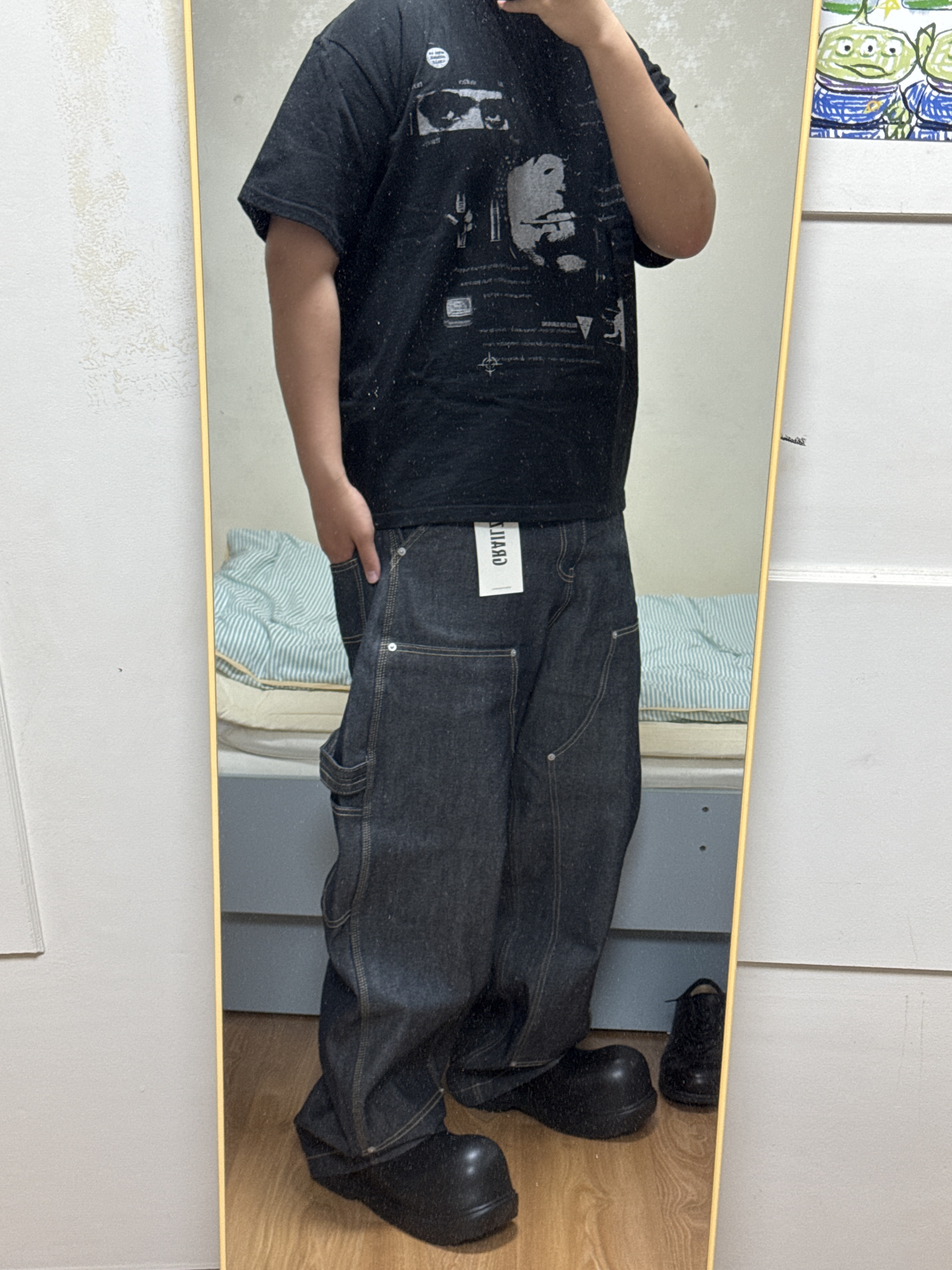 GRAILZ Bleached Plaid Shirts Blue, GRAILZ x KOIN SEOUL Carpenter Raw Denim Pants Indigo 착용 스타일 - 2