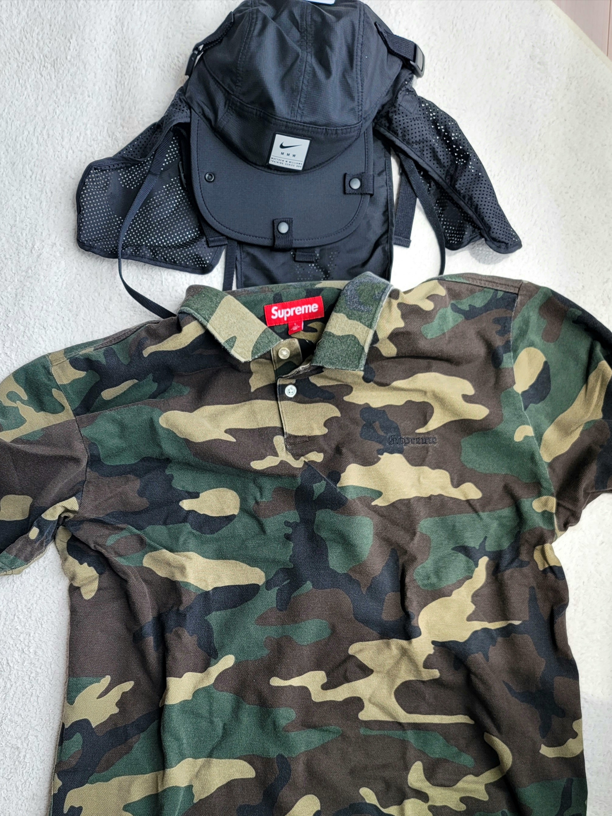 Nike x Matthew M Williams NRG AW84 Cap Black, Supreme Washed Camo Polo Woodland Camo - 25SS 착용 스타일